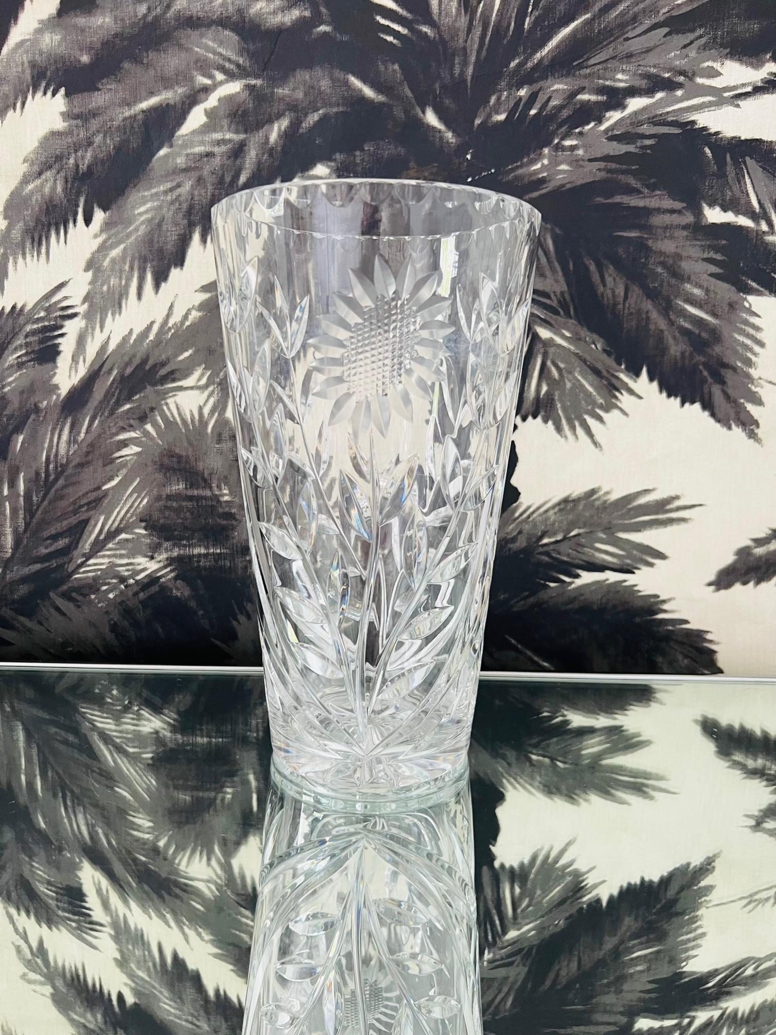 Art Deco Waterford Crystal Etched Sunflower Vase with Cut Glass Designs, England, c. 2010 For Sale