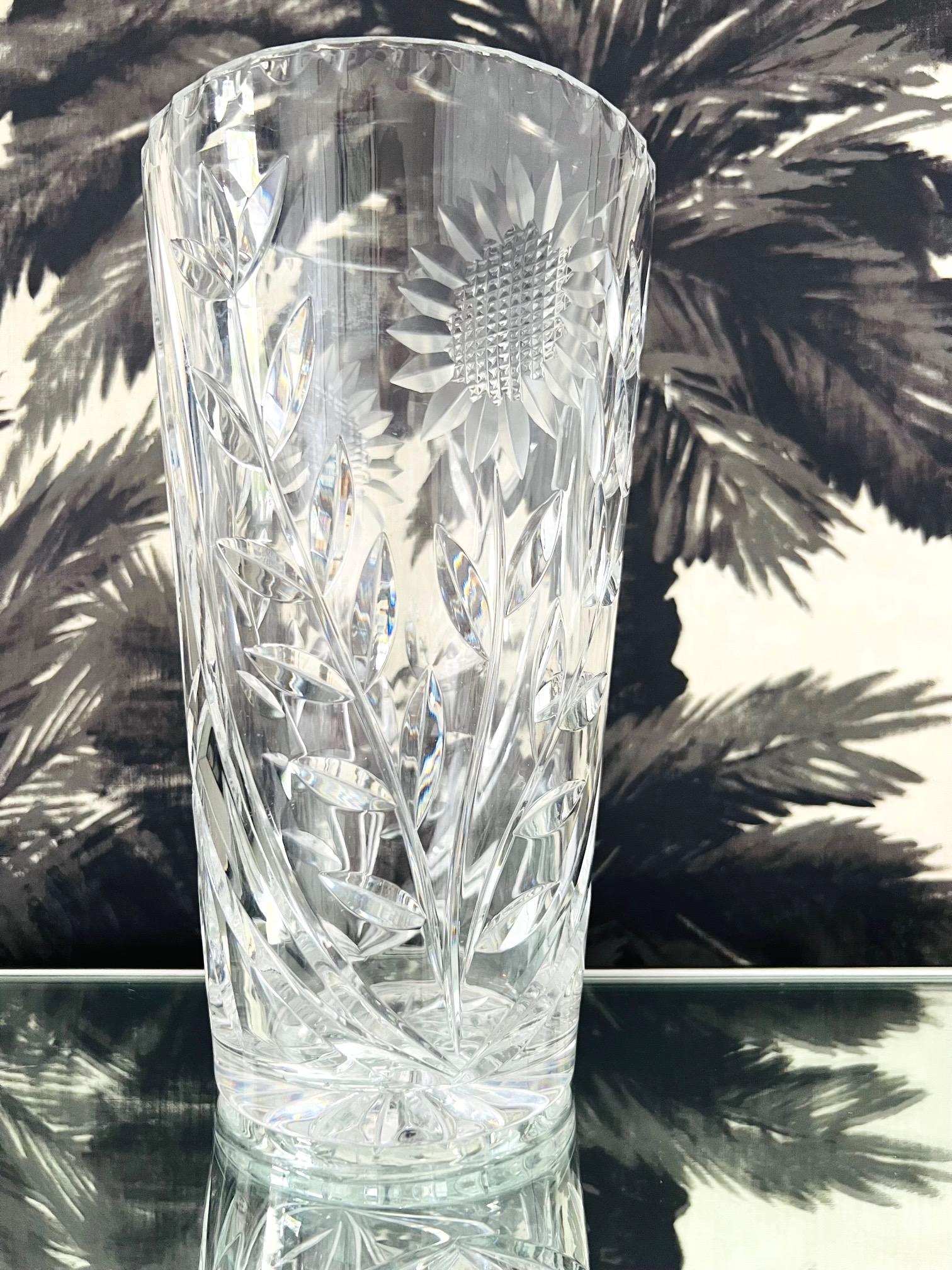 English Waterford Crystal Etched Sunflower Vase with Cut Glass Designs, England, c. 2010 For Sale