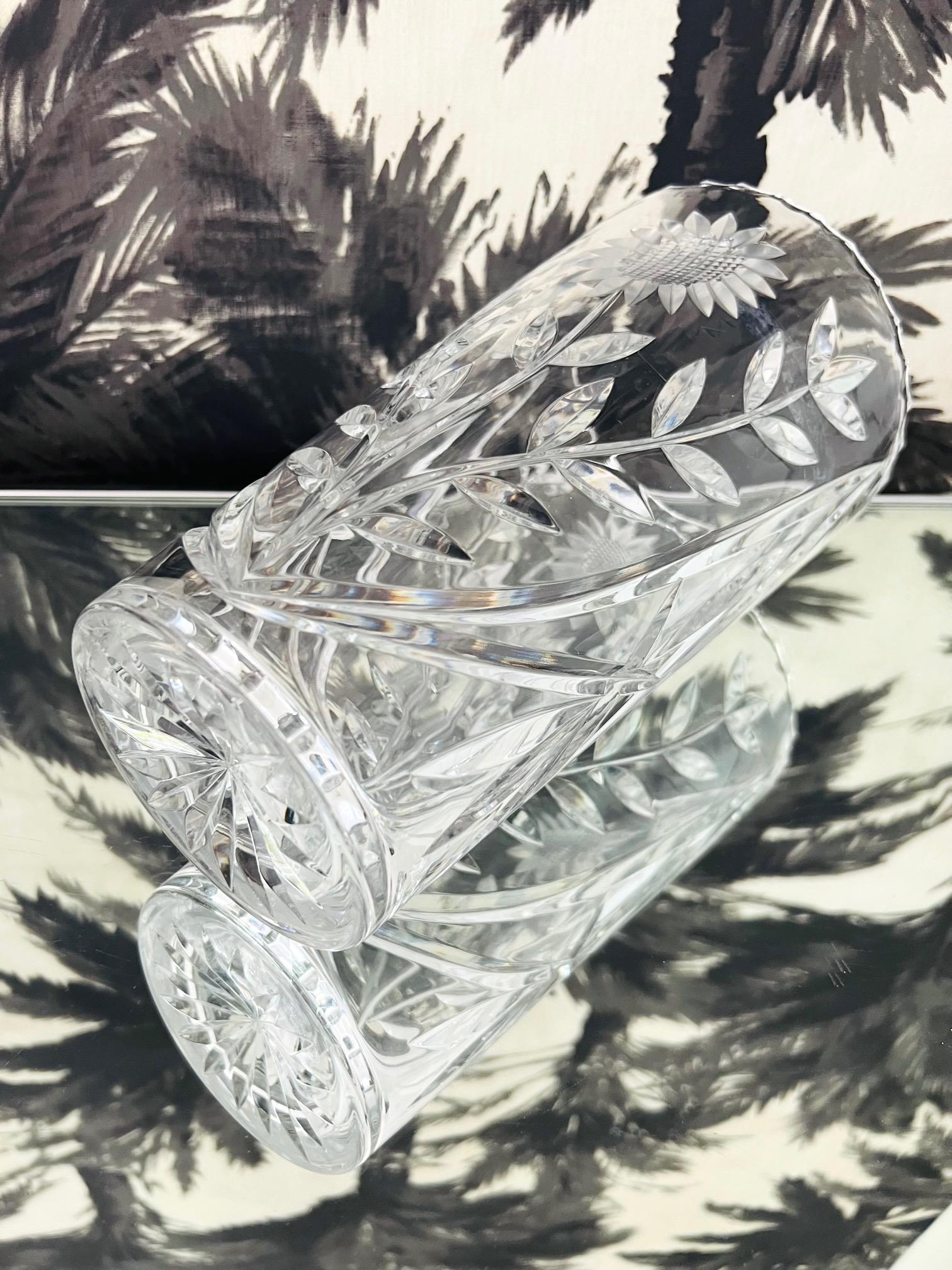 Contemporary Waterford Crystal Etched Sunflower Vase with Cut Glass Designs, England, c. 2010 For Sale