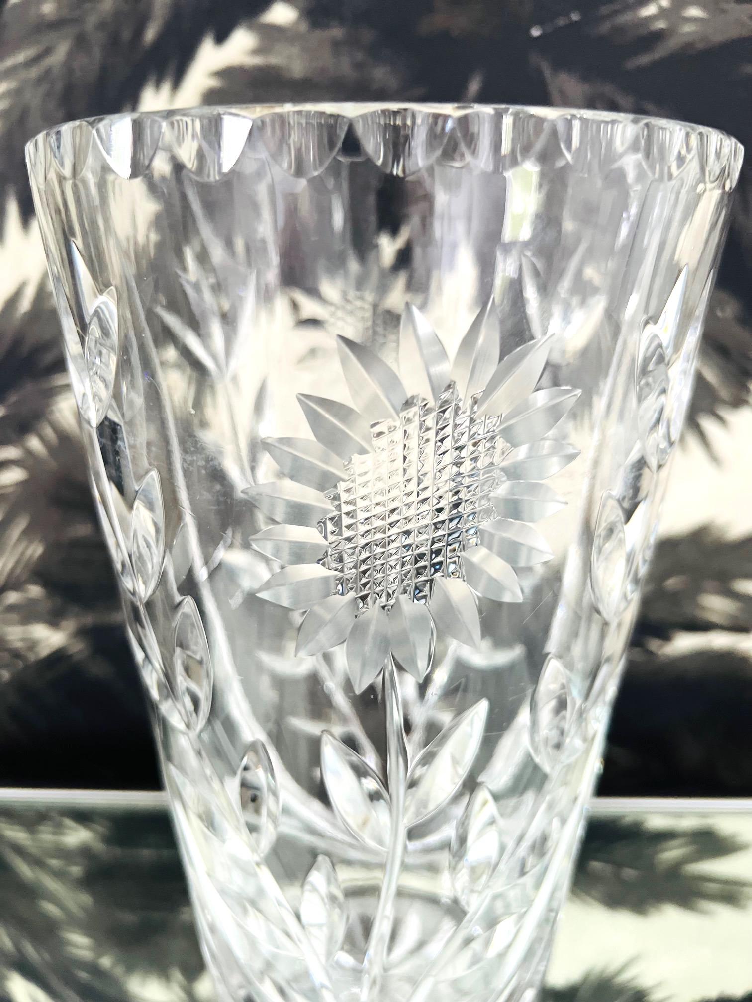 Waterford Crystal Etched Sunflower Vase with Cut Glass Designs, England, c. 2010 For Sale 3
