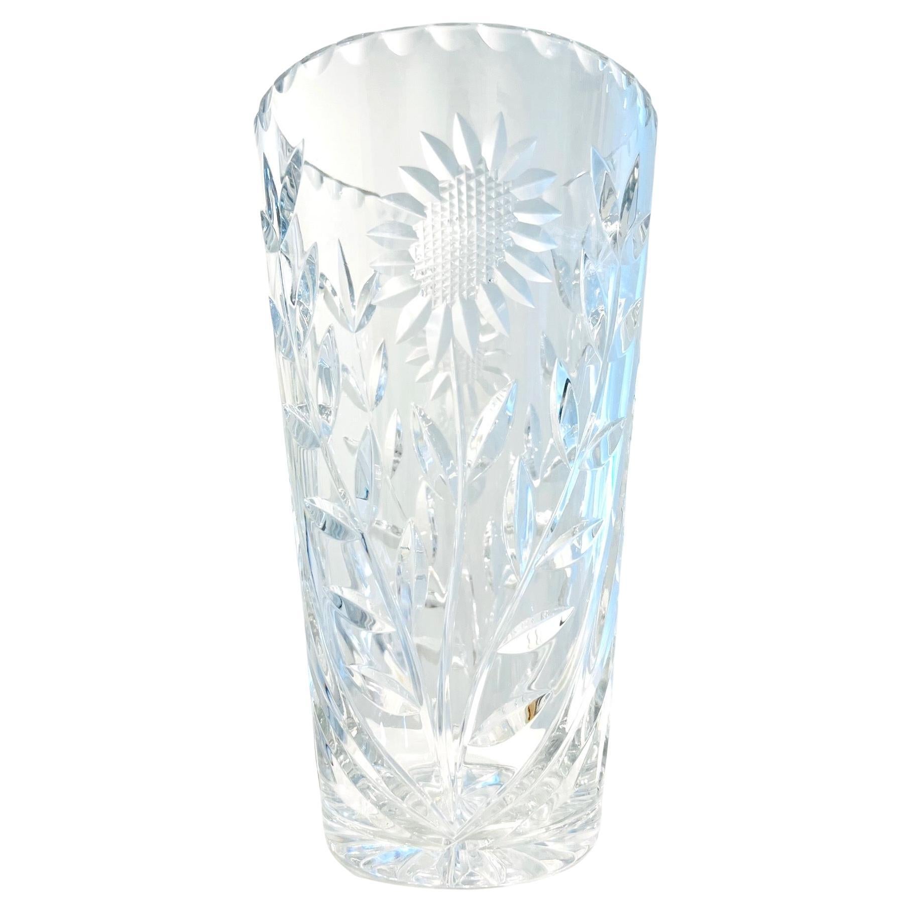 Waterford Crystal Etched Sunflower Vase with Cut Glass Designs, England, c. 2010 For Sale