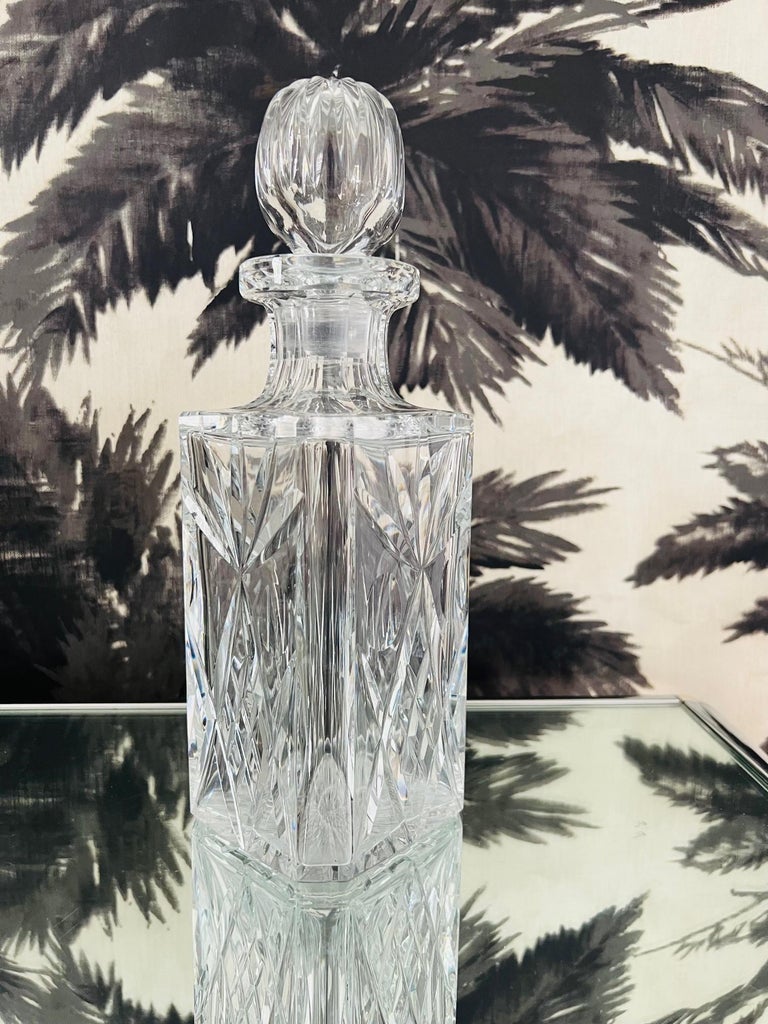 Edwardian Vintage Waterford Crystal Whiskey Decanter with Etched Designs, C. 1980 For Sale