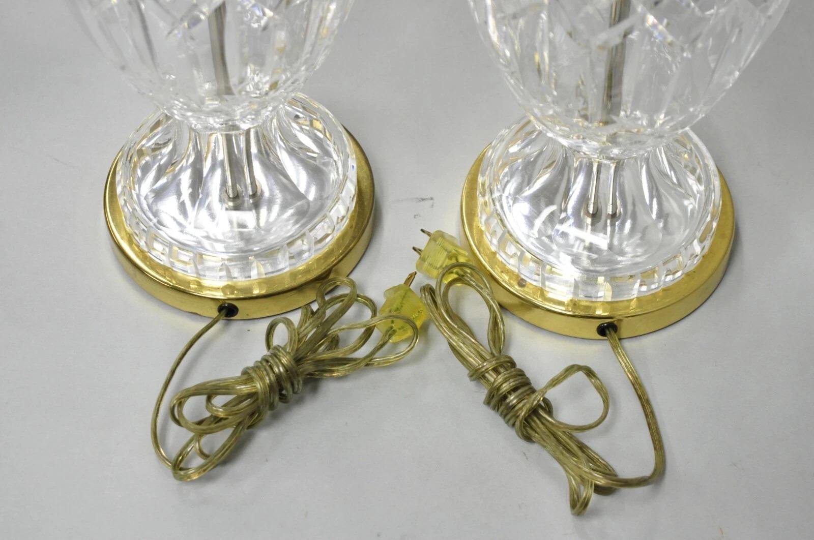Vintage Waterford Cut Crystal Leaded Glass Urn Form Brass Table Lamps - a Pair For Sale 4