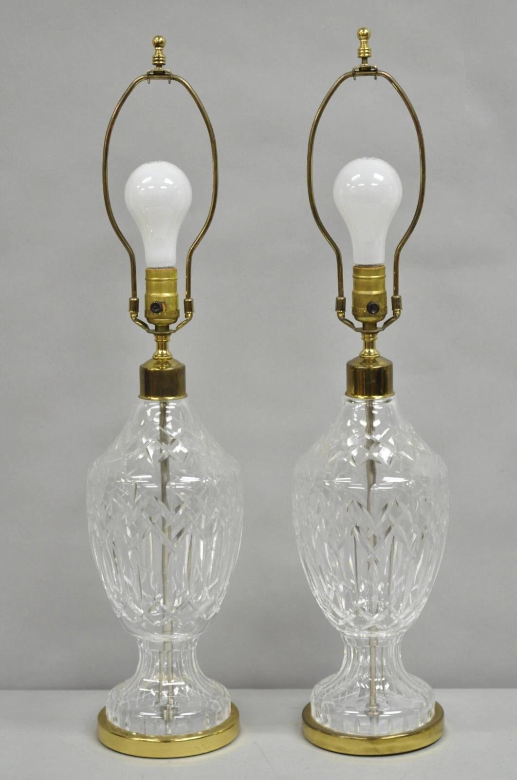 Vintage Waterford Cut Crystal Leaded Glass Urn Form Brass Table Lamps - a Pair For Sale 5