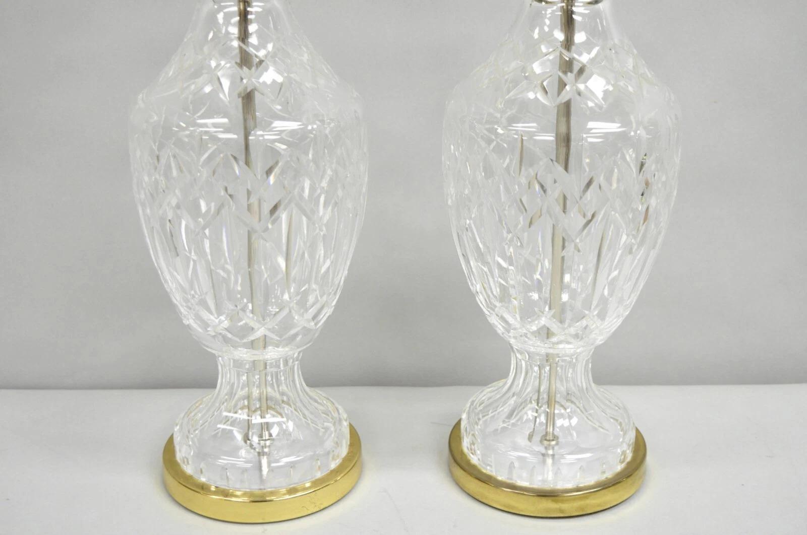 Neoclassical Vintage Waterford Cut Crystal Leaded Glass Urn Form Brass Table Lamps - a Pair For Sale