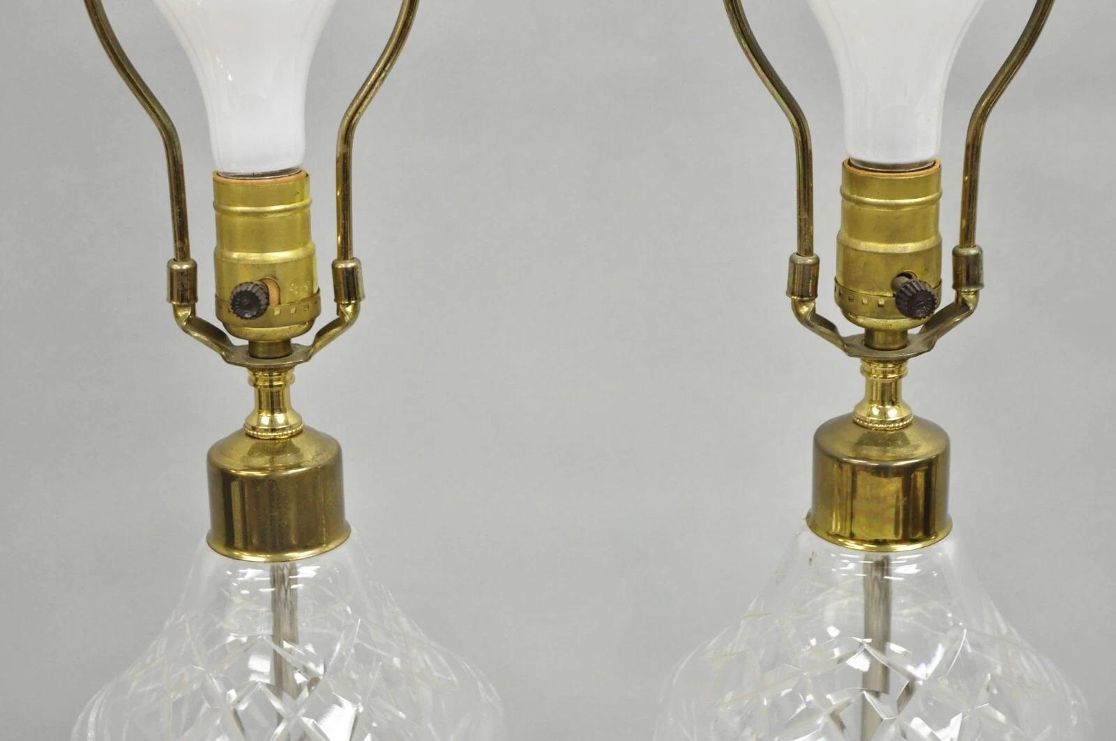 Vintage Waterford Cut Crystal Leaded Glass Urn Form Brass Table Lamps - a Pair For Sale 1
