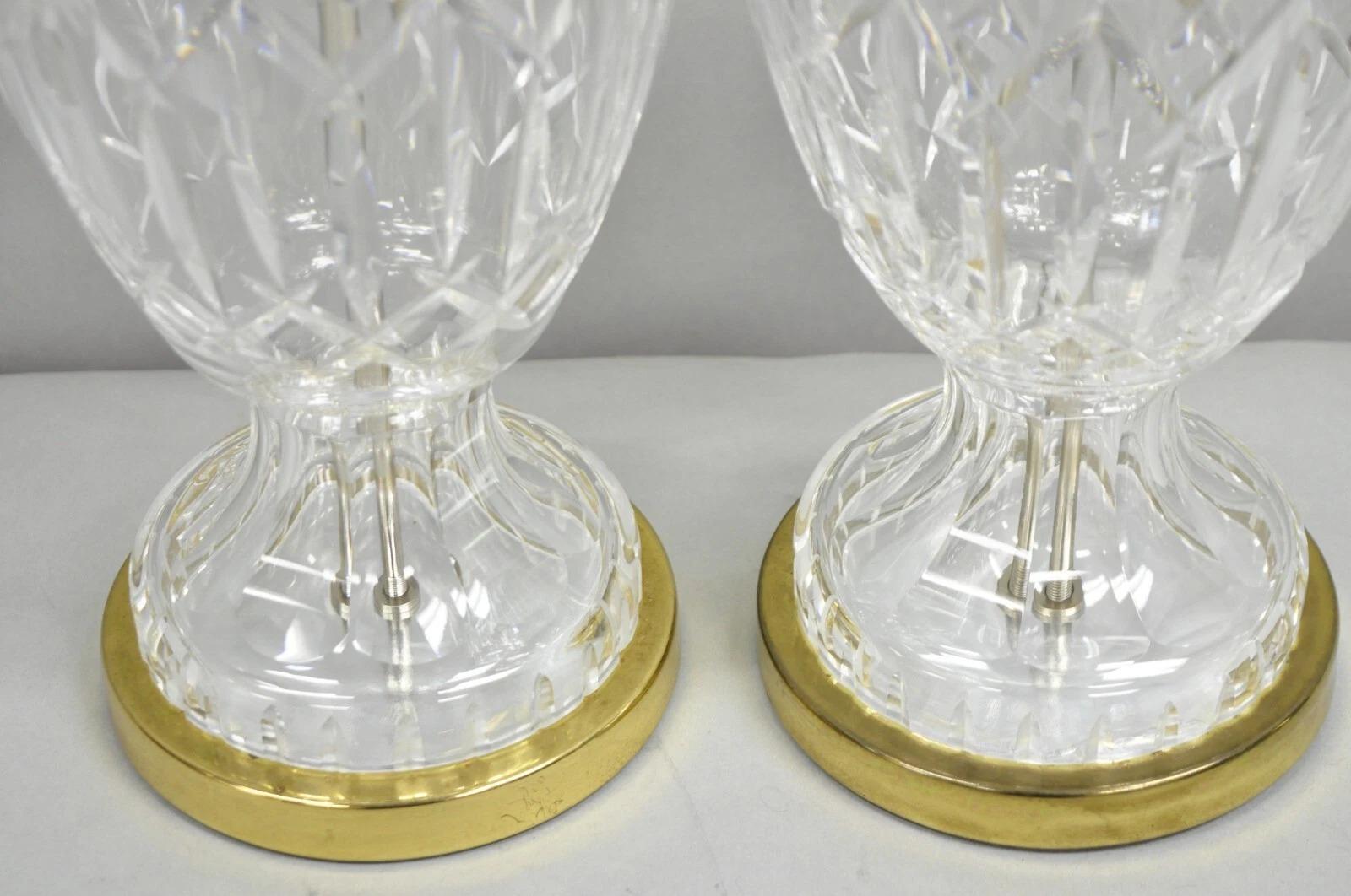 Vintage Waterford Cut Crystal Leaded Glass Urn Form Brass Table Lamps - a Pair For Sale 2