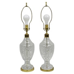 Vintage Waterford Cut Crystal Leaded Glass Urn Form Brass Table Lamps - a Pair