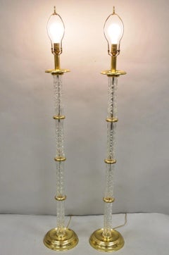 Vintage Waterford Kinsale Crystal Glass Column Brass Empire Style Floor Lamps -
