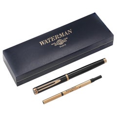 Used Waterman Paris Ideal Black Lacquer Gold Trim Ballpoint Pen with Case