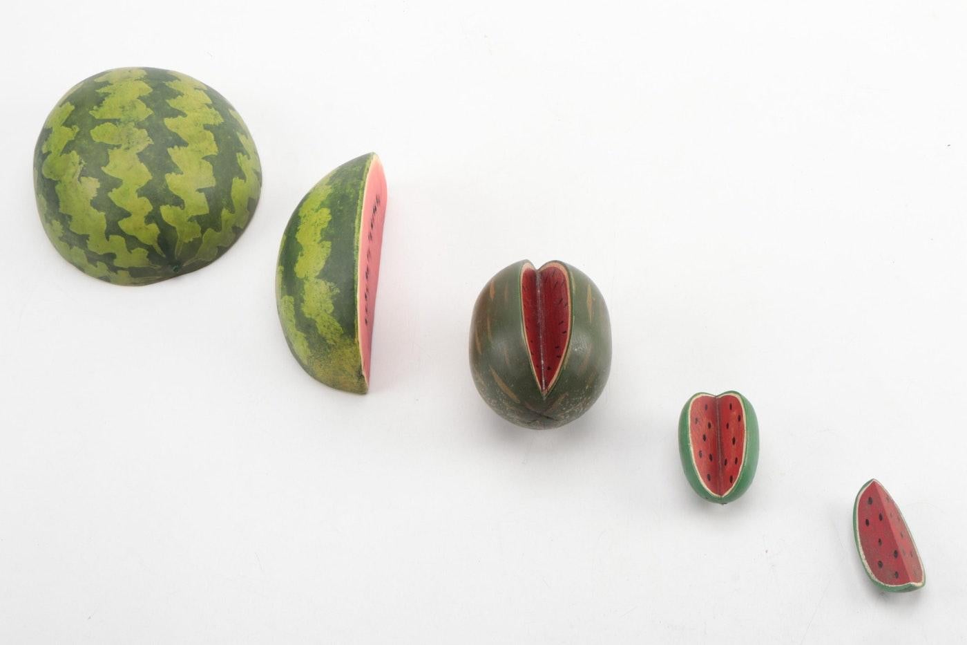 Vintage Wassermelone Hand geschnitzt Skulptur Set, Decoy Decor, Trompe L'Oeil im Angebot 1
