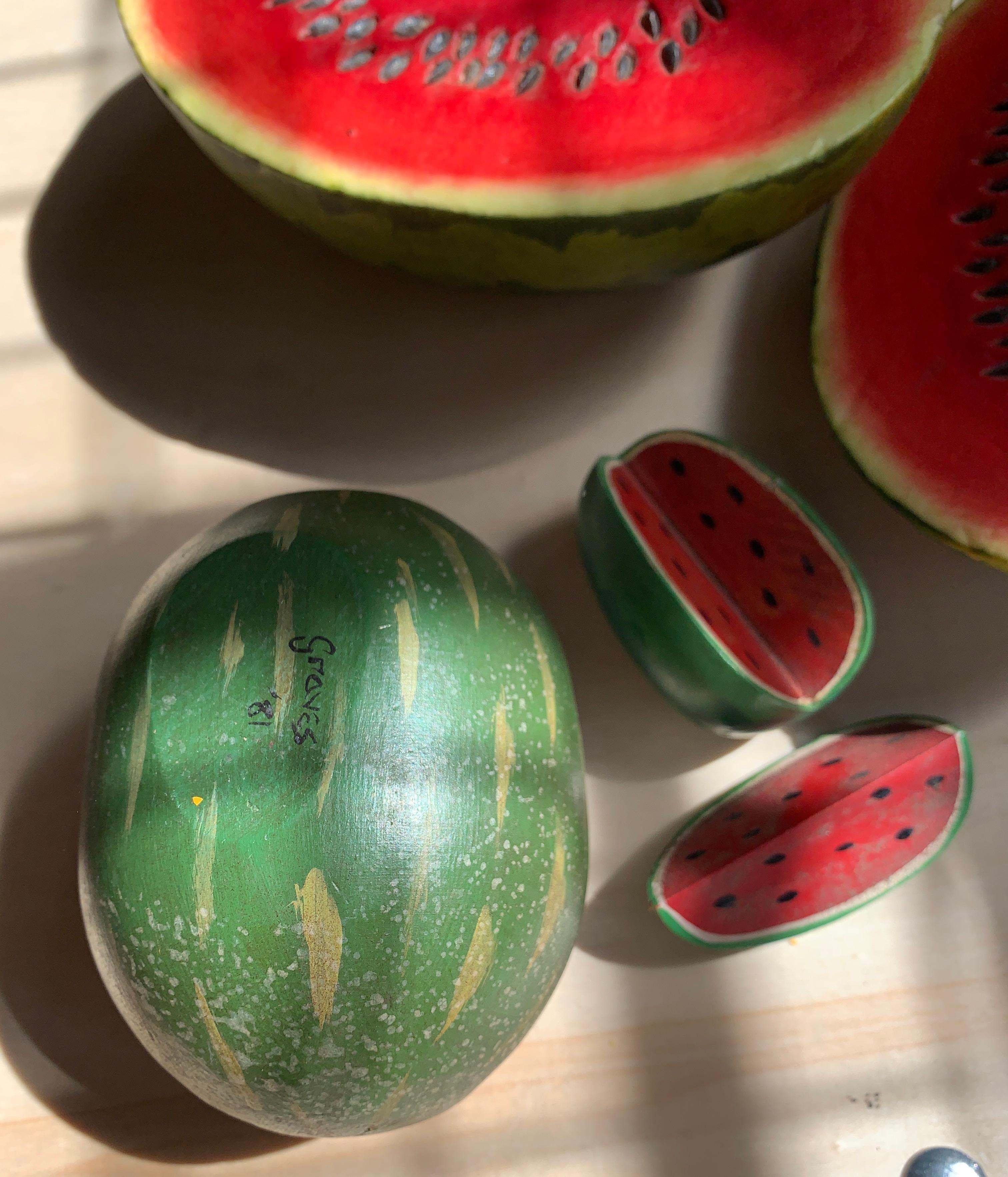 American Craftsman Vintage Watermelon Hand Carved Sculpture Set, Decoy Decor, Trompe L’Oeil For Sale