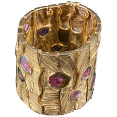 Bracciale vintage con tormalina verde rosa anguria in oro giallo 18 carati, anni '70