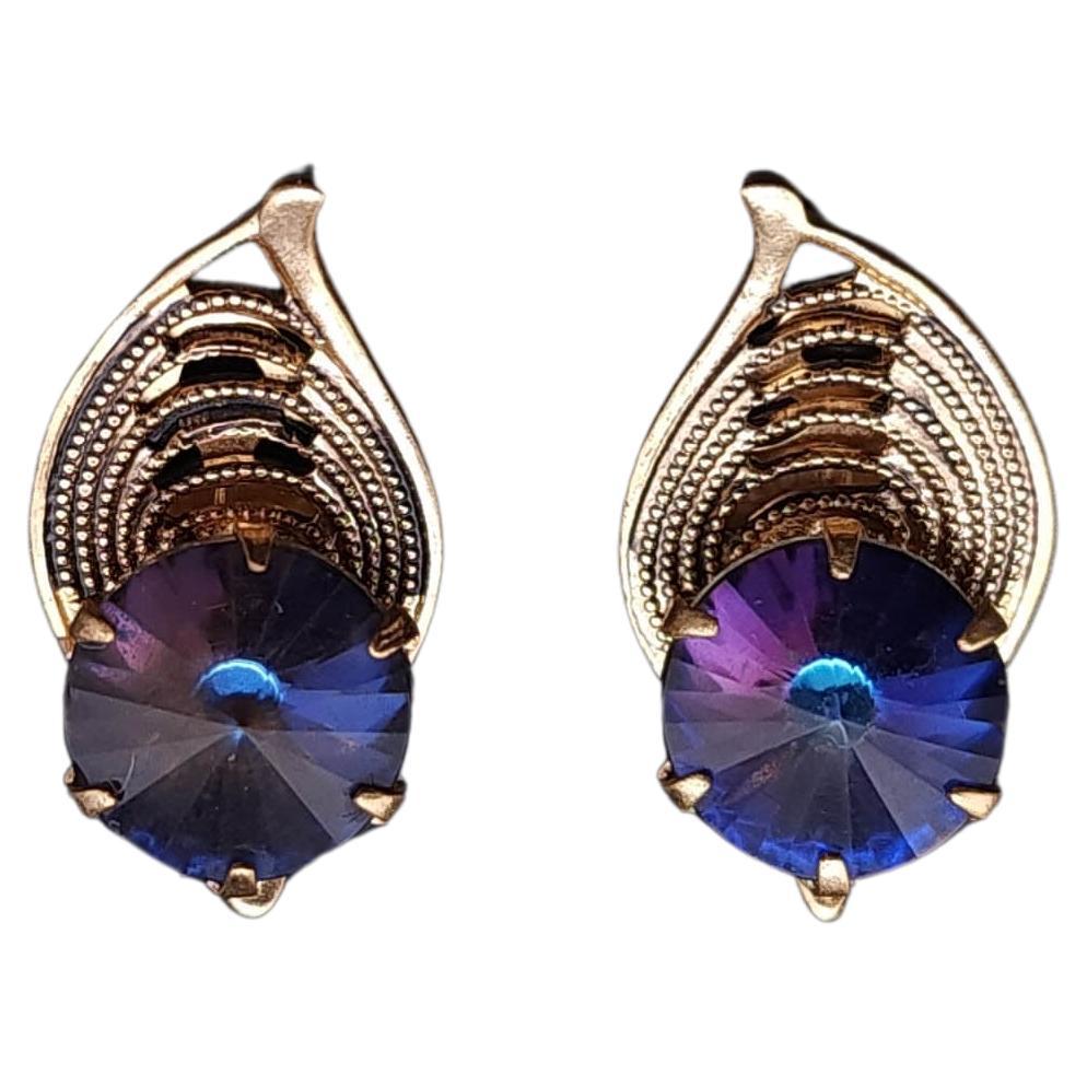 Vintage Watermelon Rhinestone Rose Cut Clip-On Floral Earrings, Blue & Purple