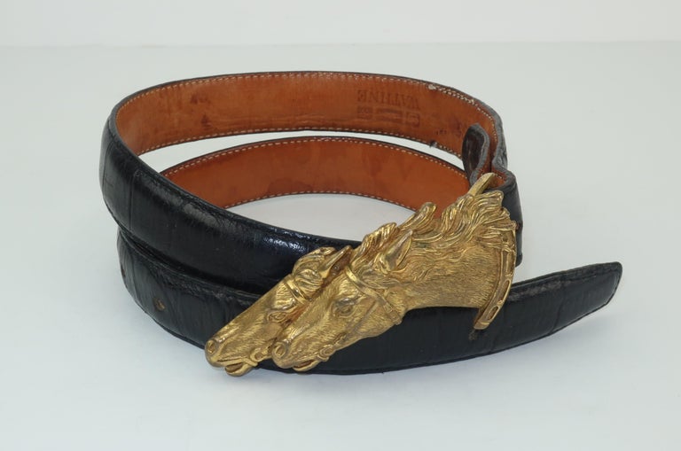 Vintage Wathne Brass Horse Buckle and Black Alligator Belt  display picture 1