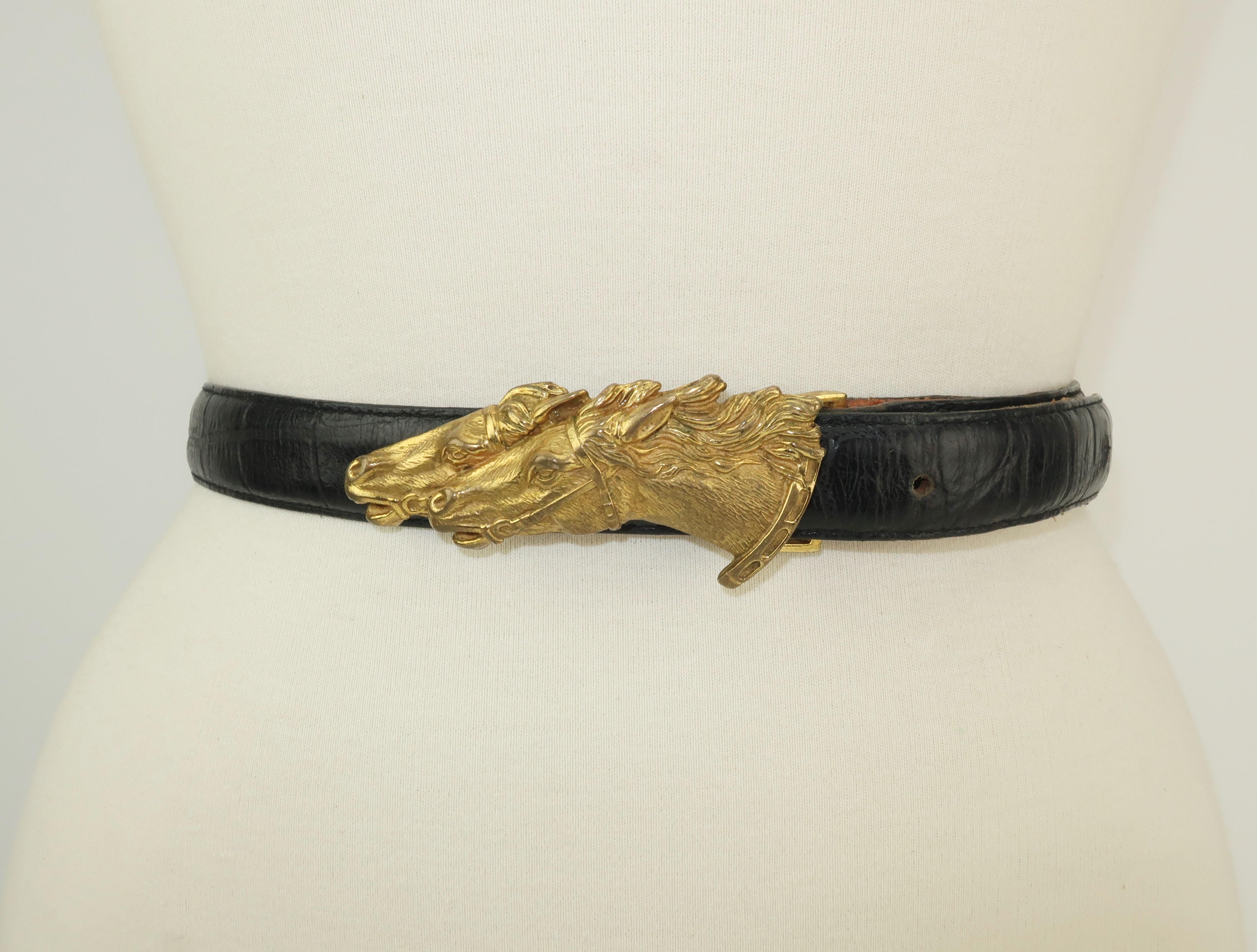 Wathne offers classic equestrian styling with an antiqued brass buckle depicting beautifully detailed horses and a detachable black alligator belt.  The buckle has a hinged bracket and nail head style closure for easy hooking.  The belt offers both