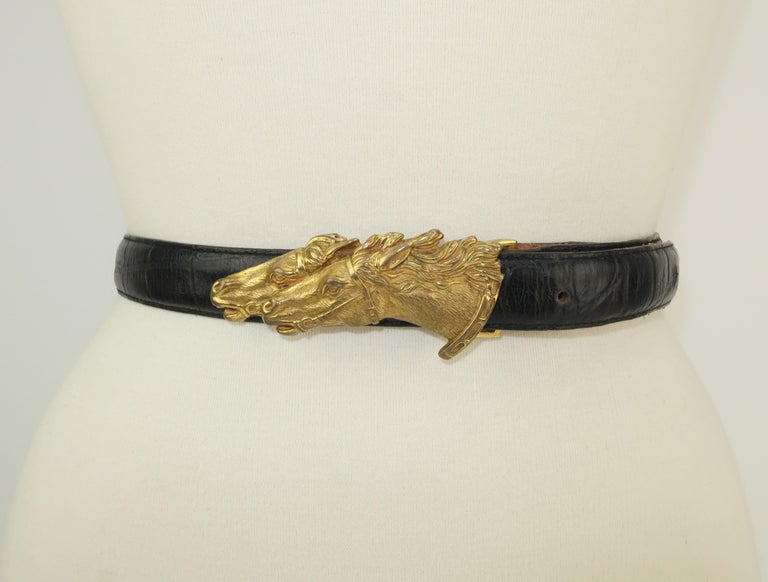 Vintage Wathne Brass Horse Buckle and Black Alligator Belt  display picture 2