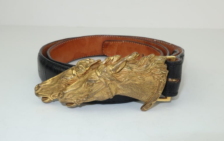 Vintage Wathne Brass Horse Buckle and Black Alligator Belt  display picture 3