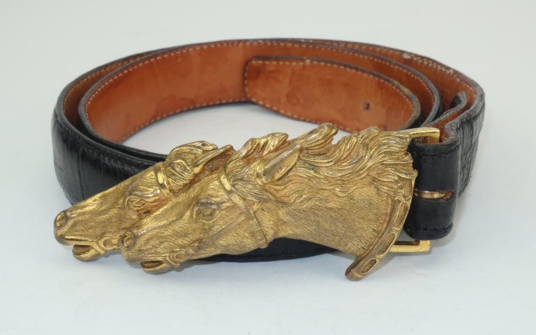 Vintage Wathne Brass Horse Buckle and Black Alligator Belt  display picture 1