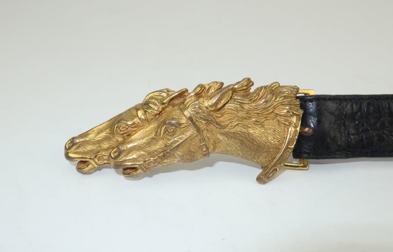 Vintage Wathne Brass Horse Buckle and Black Alligator Belt  display picture 2