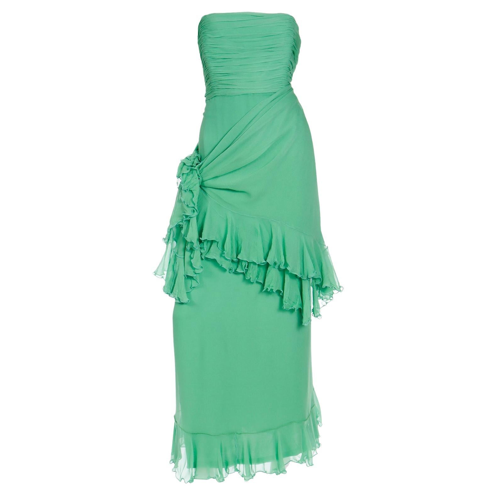 Vintage Wayne Clark Green Silk Chiffon Strapless Evening Dress With Wrap Shawl For Sale