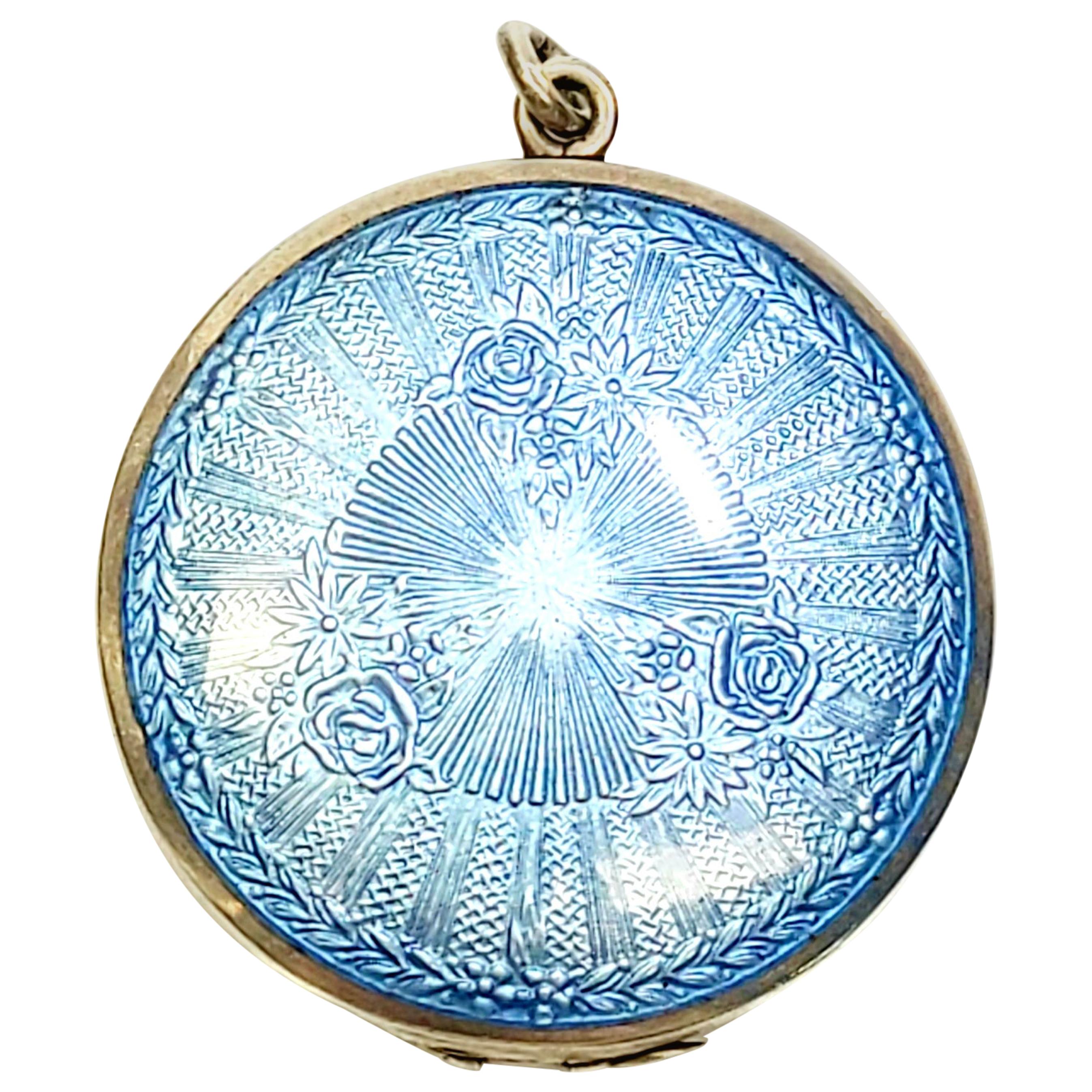 Vintage WB Sterling Silver Blue Guilloche Enamel Round Locket