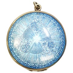 Vintage WB Sterling Silver Blue Guilloche Enamel Round Locket