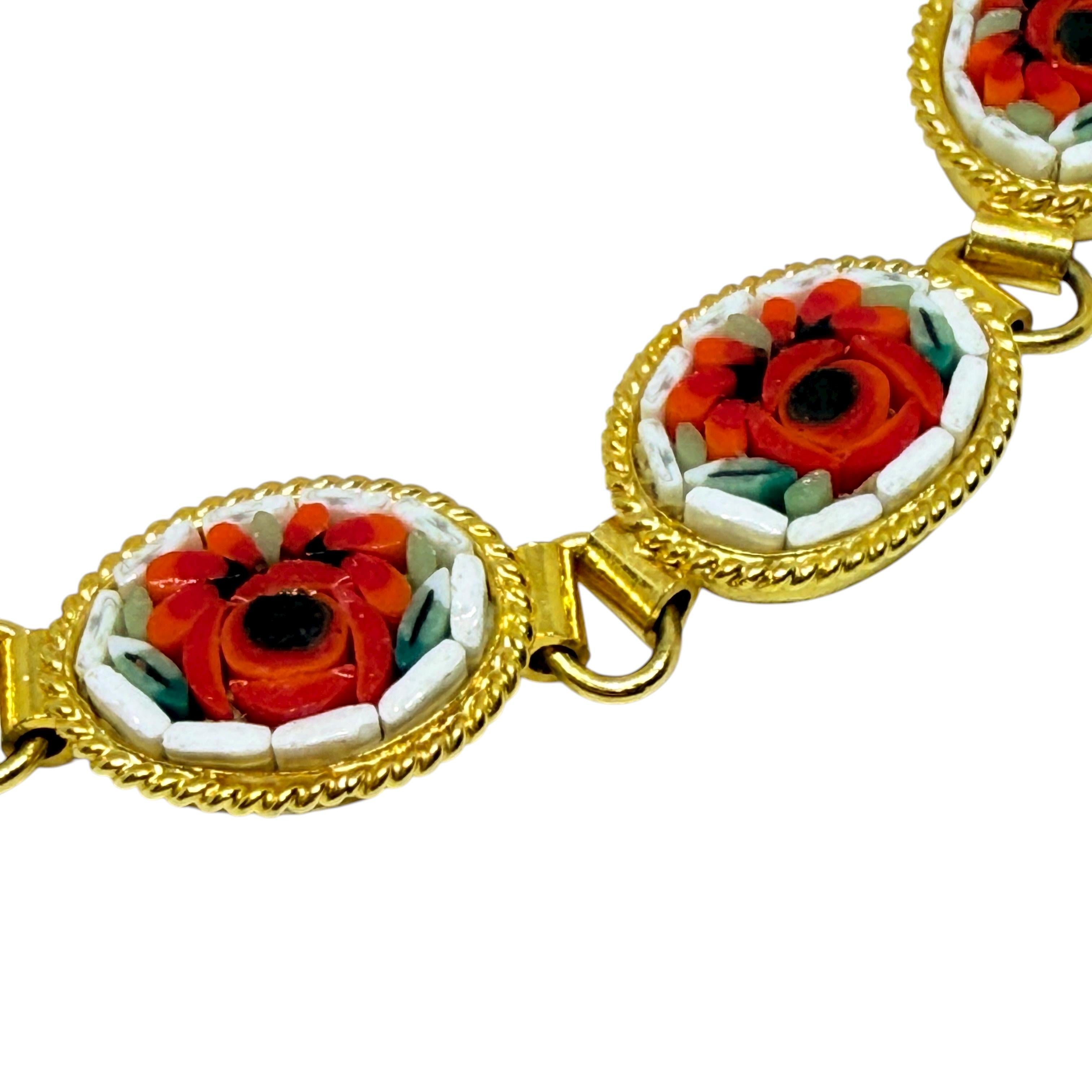 Vintage WD ITALE signiert vergoldet Mikro Mosaik Steine Blume Link Armband im Zustand „Gut“ im Angebot in Palos Hills, IL