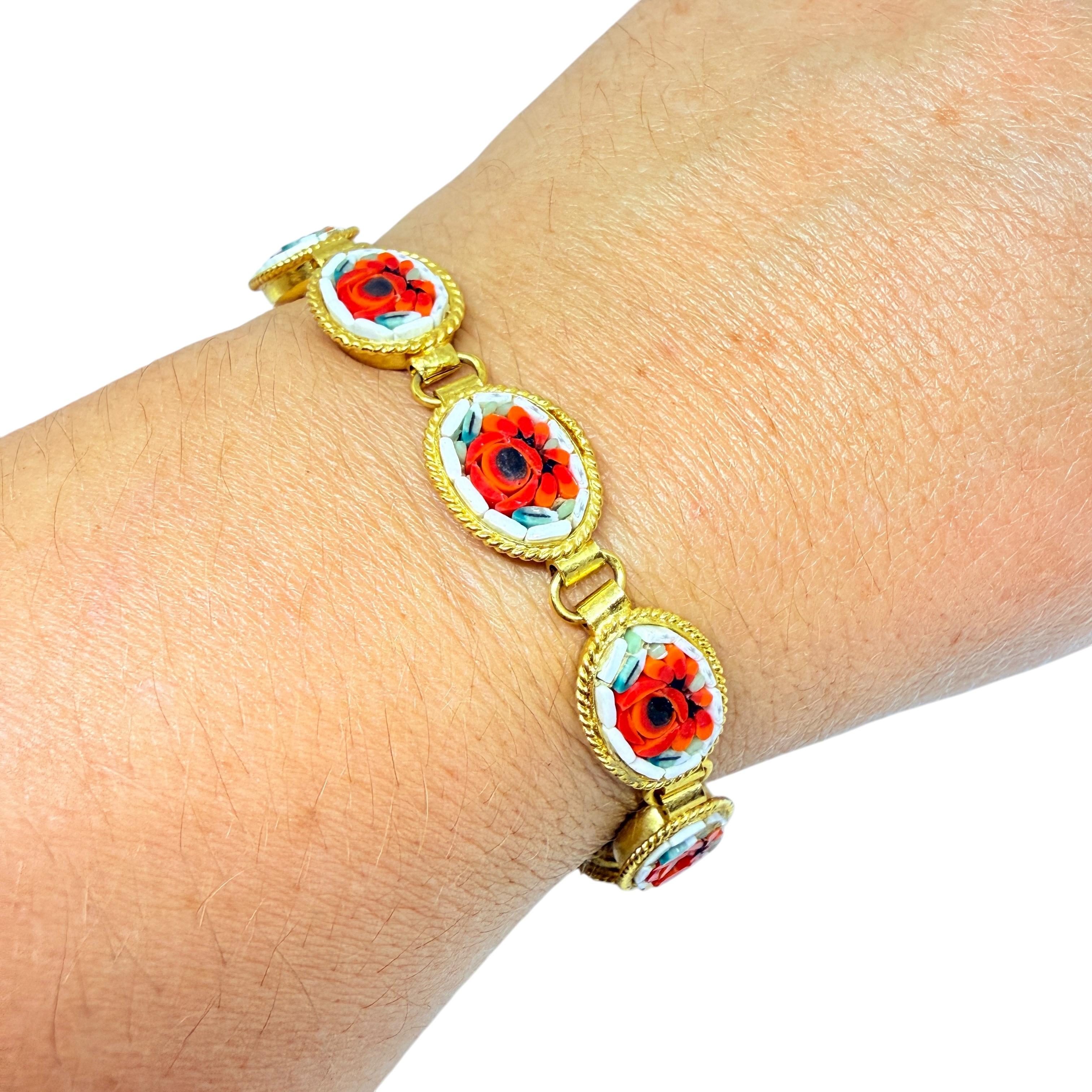 Vintage WD ITALE signiert vergoldet Mikro Mosaik Steine Blume Link Armband im Angebot 3