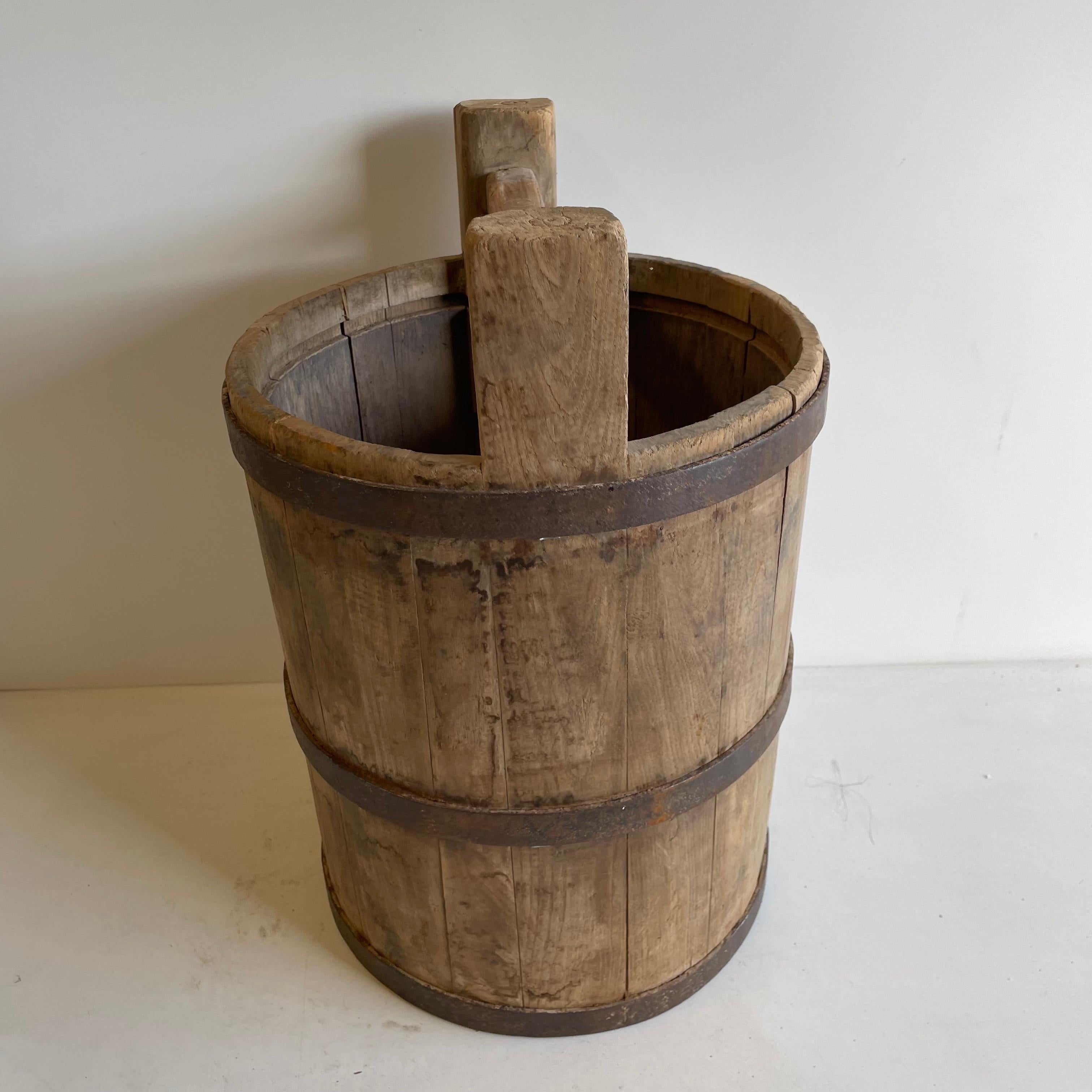 Antique Asian Cypress wood buckets used in the fields to collect vegetables, and food. Indoor or outdoor use. 
Measures: 19.5