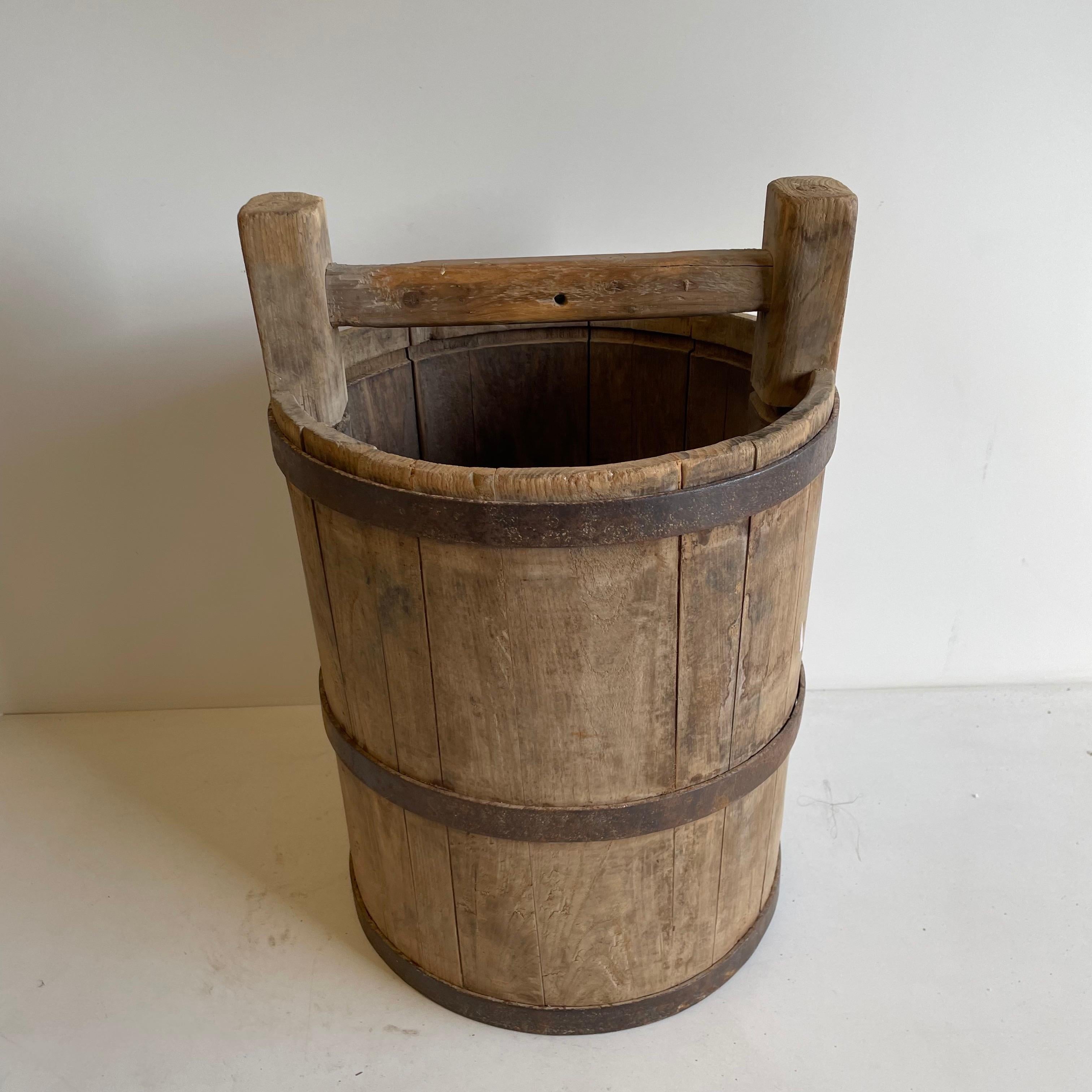 Vintage Weathered Cypress Wood Garden Buckets with Handle In Good Condition In Brea, CA