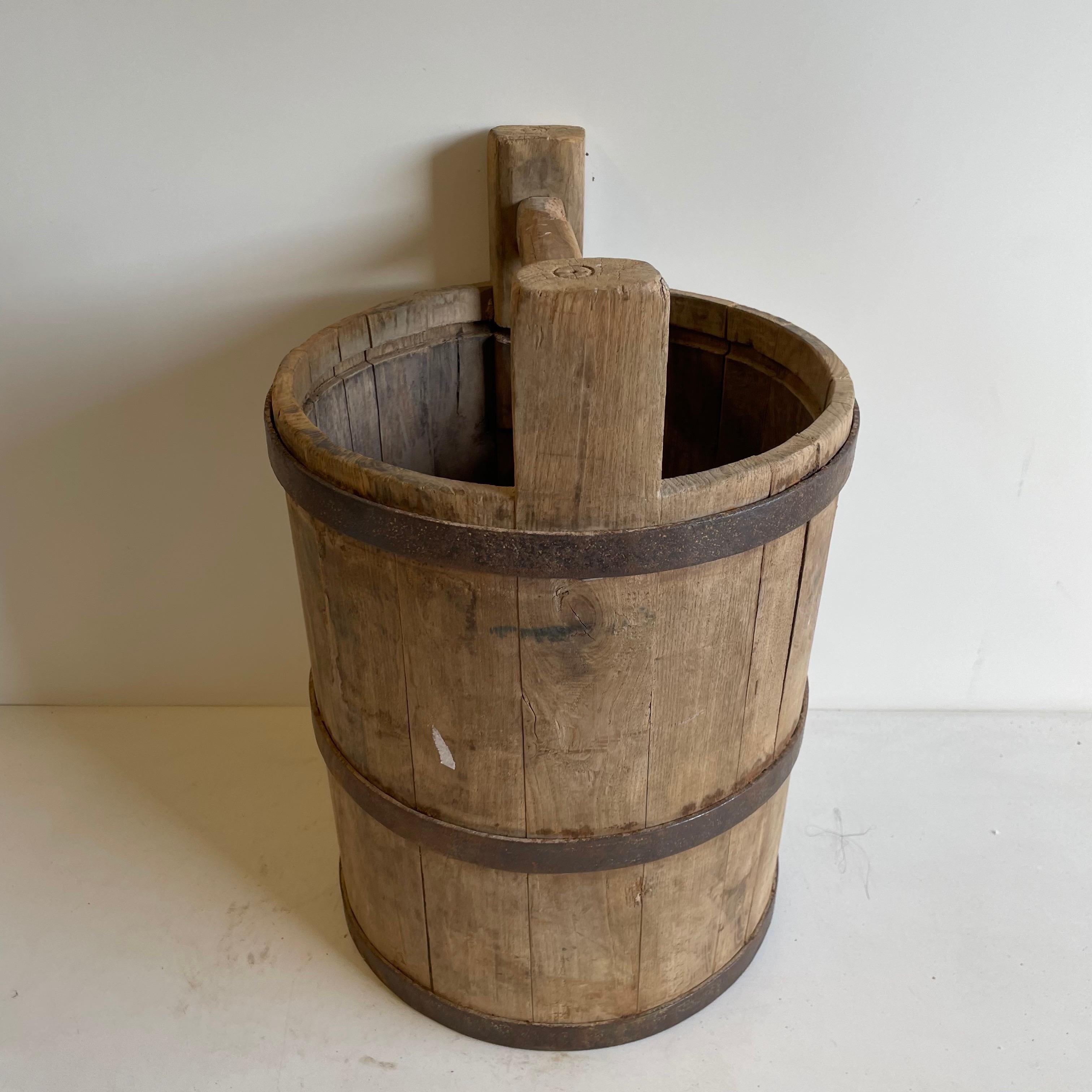 20th Century Vintage Weathered Cypress Wood Garden Buckets with Handle
