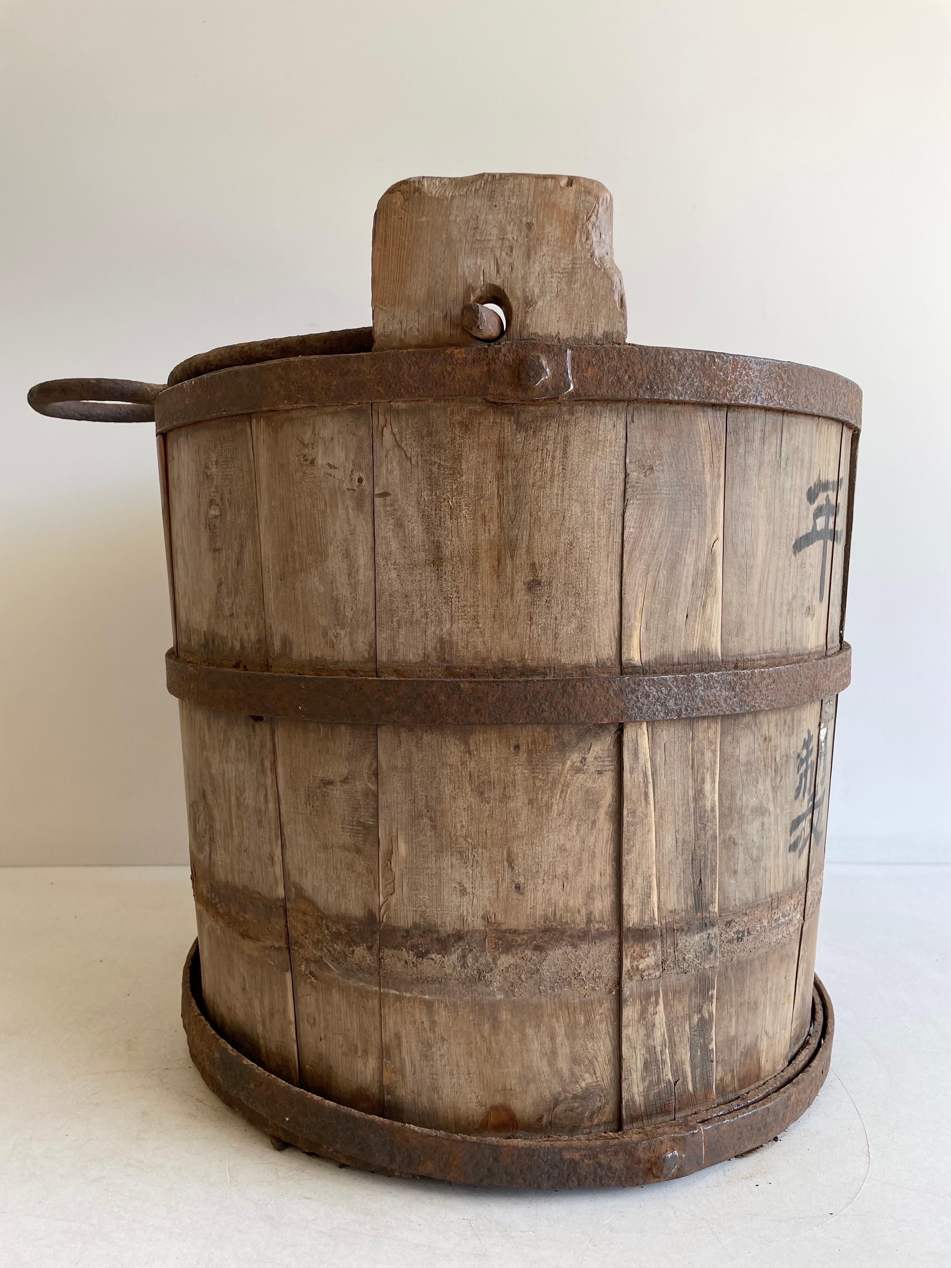 Vintage Weathered Cypress Wood Garden Buckets with Handle In Good Condition For Sale In Brea, CA