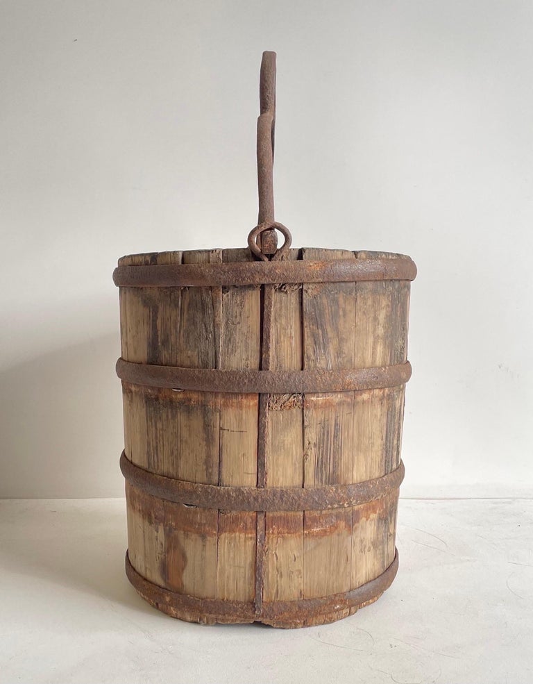 Vintage Weathered Cypress Wood Garden Buckets with Handle For Sale at