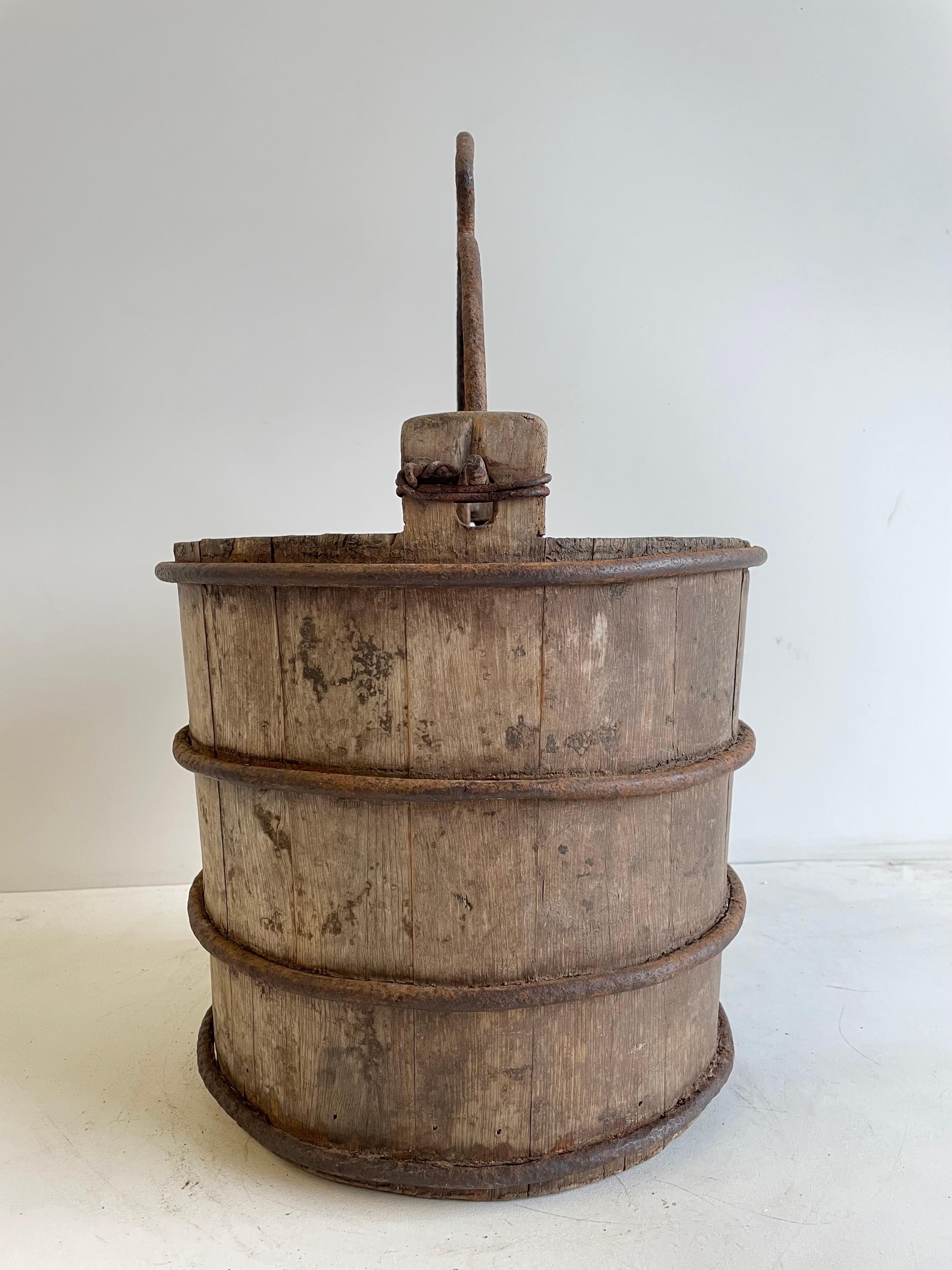 vintage wooden bucket with handle