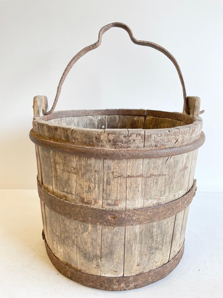 Vintage Weathered Cypress Wood Garden Buckets with Handle at 1stDibs