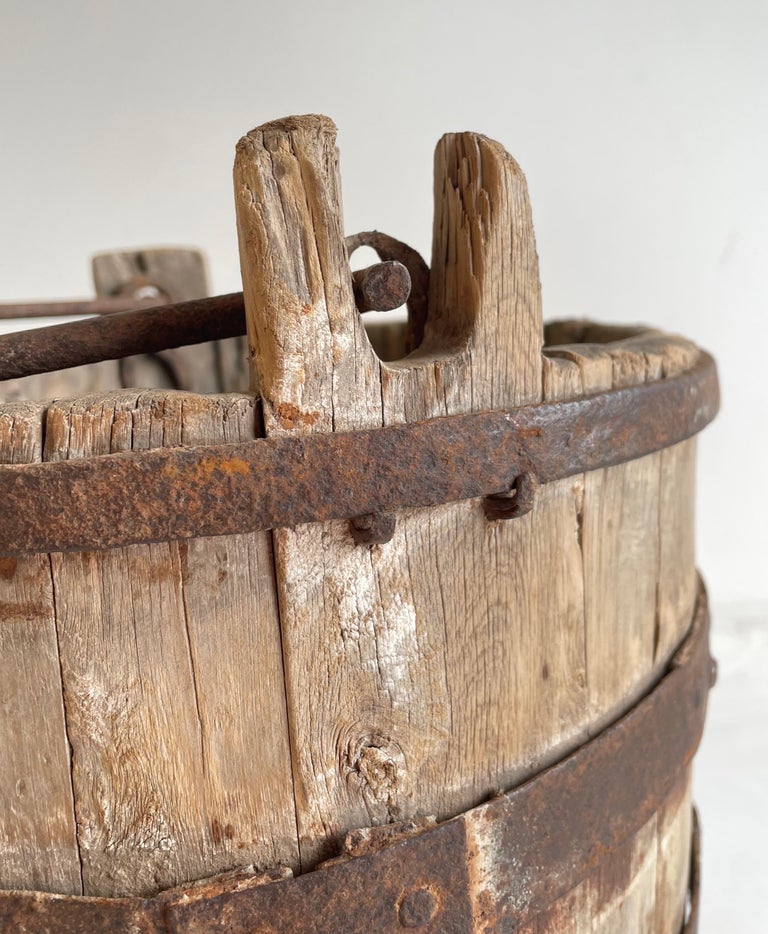 Vintage Weathered Cypress Wood Garden Buckets with Handle For Sale at