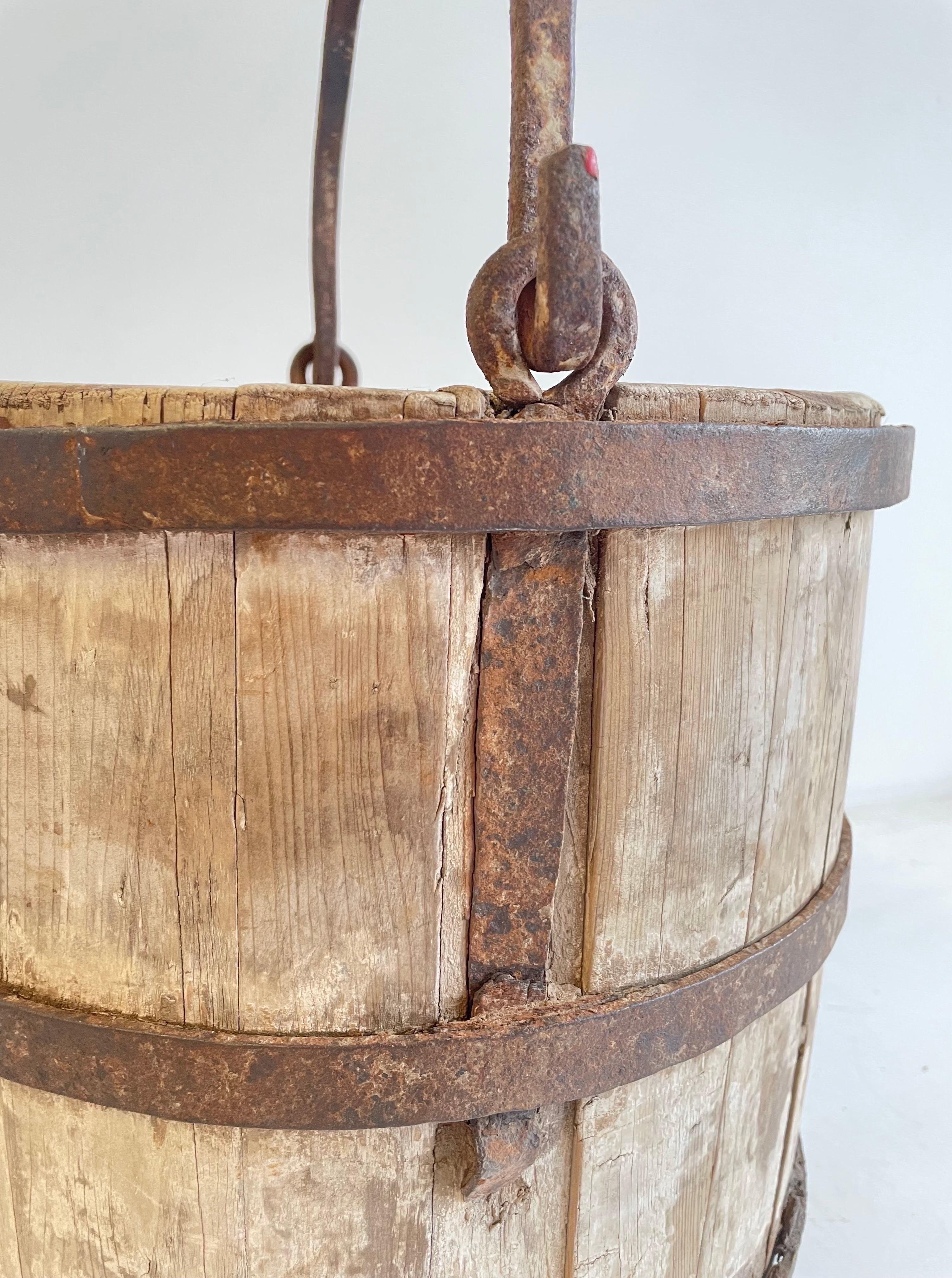 20th Century Vintage Weathered Cypress Wood Garden Buckets with Handle For Sale