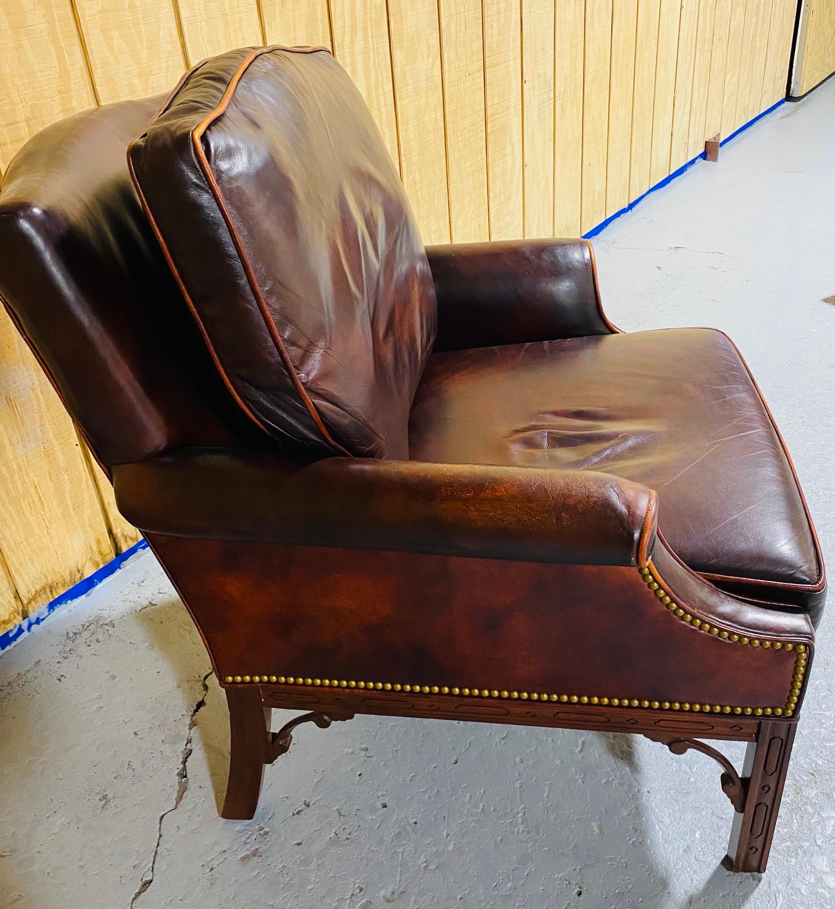 Vintage weathered dark brown leather classical style club chair For Sale 3
