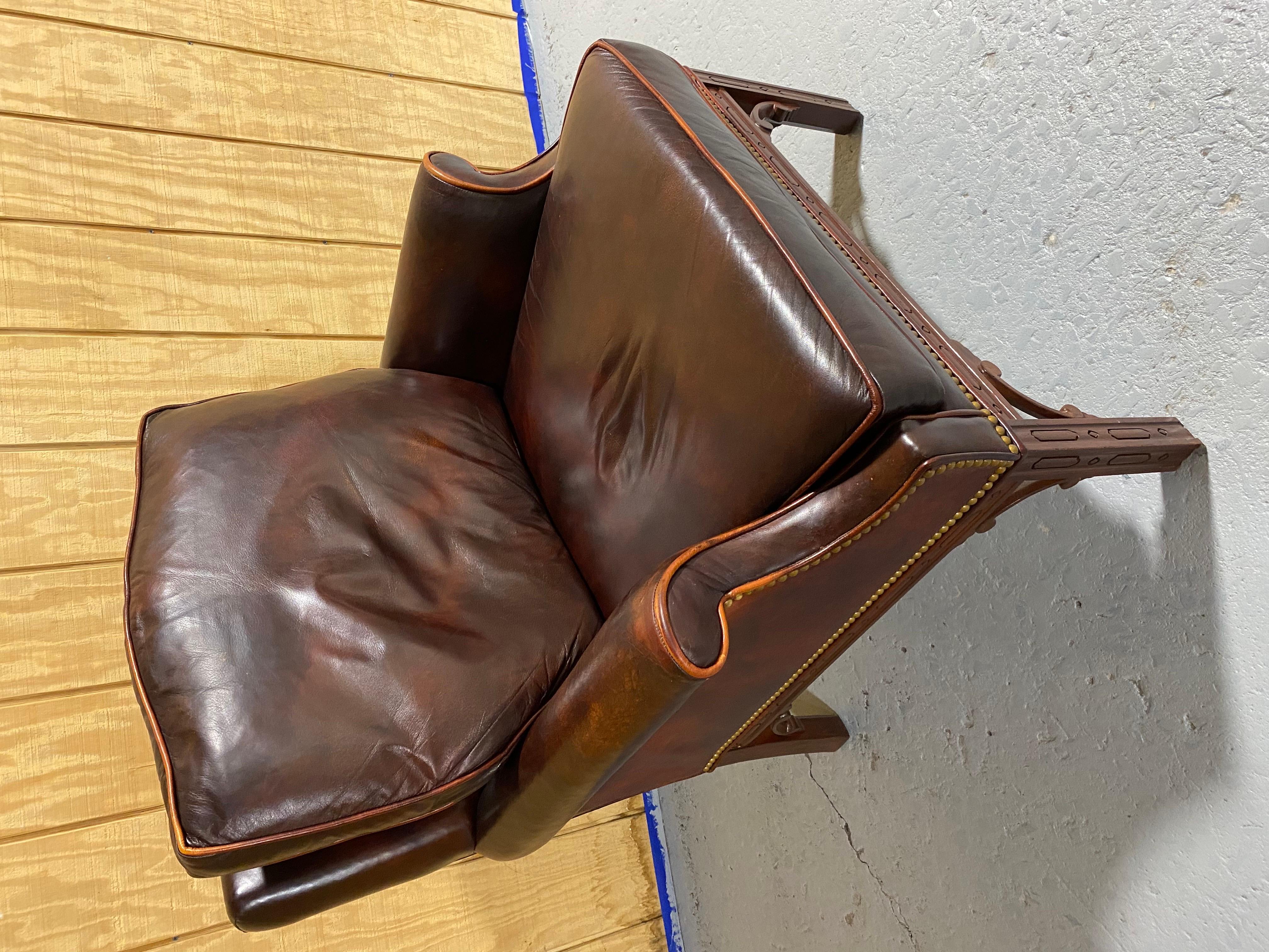 Vintage weathered dark brown leather classical style club chair For Sale 4