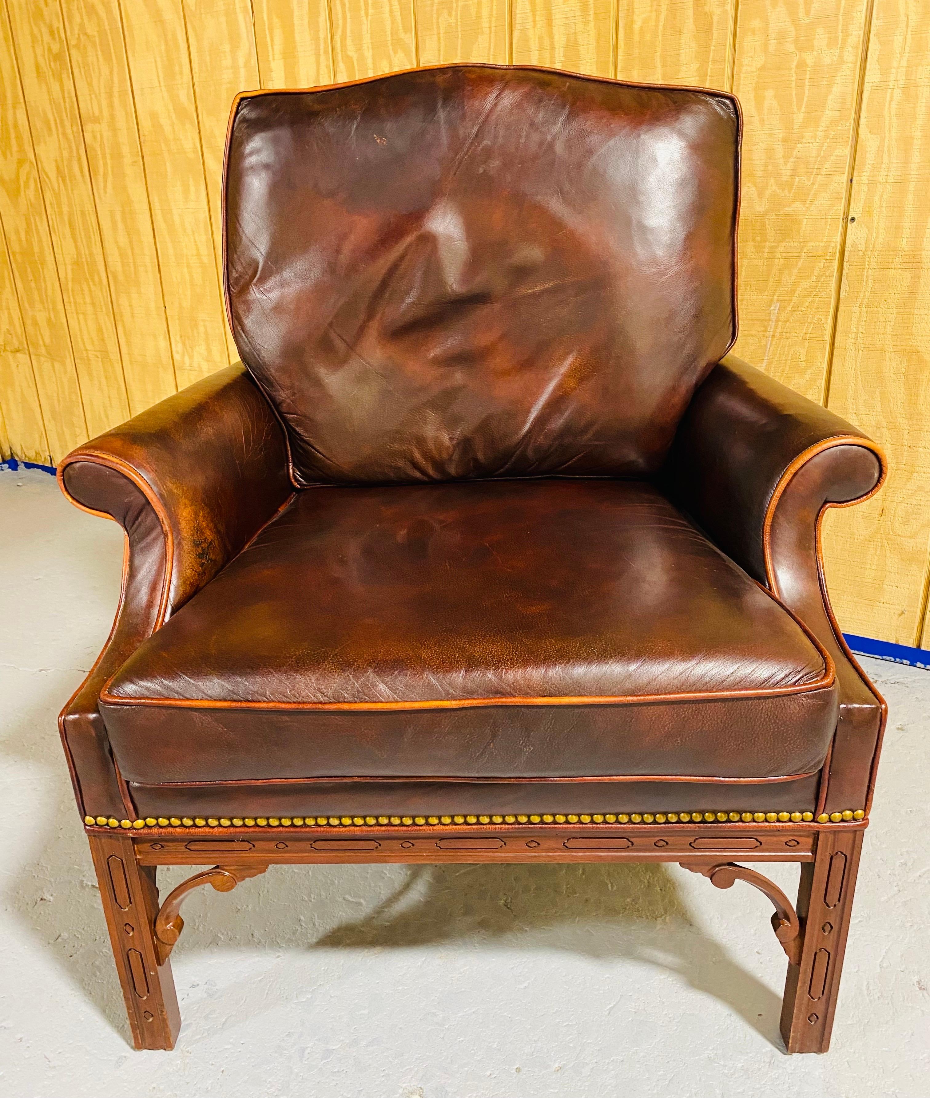 Vintage weathered dark brown leather classical style club chair In Good Condition In Allentown, PA
