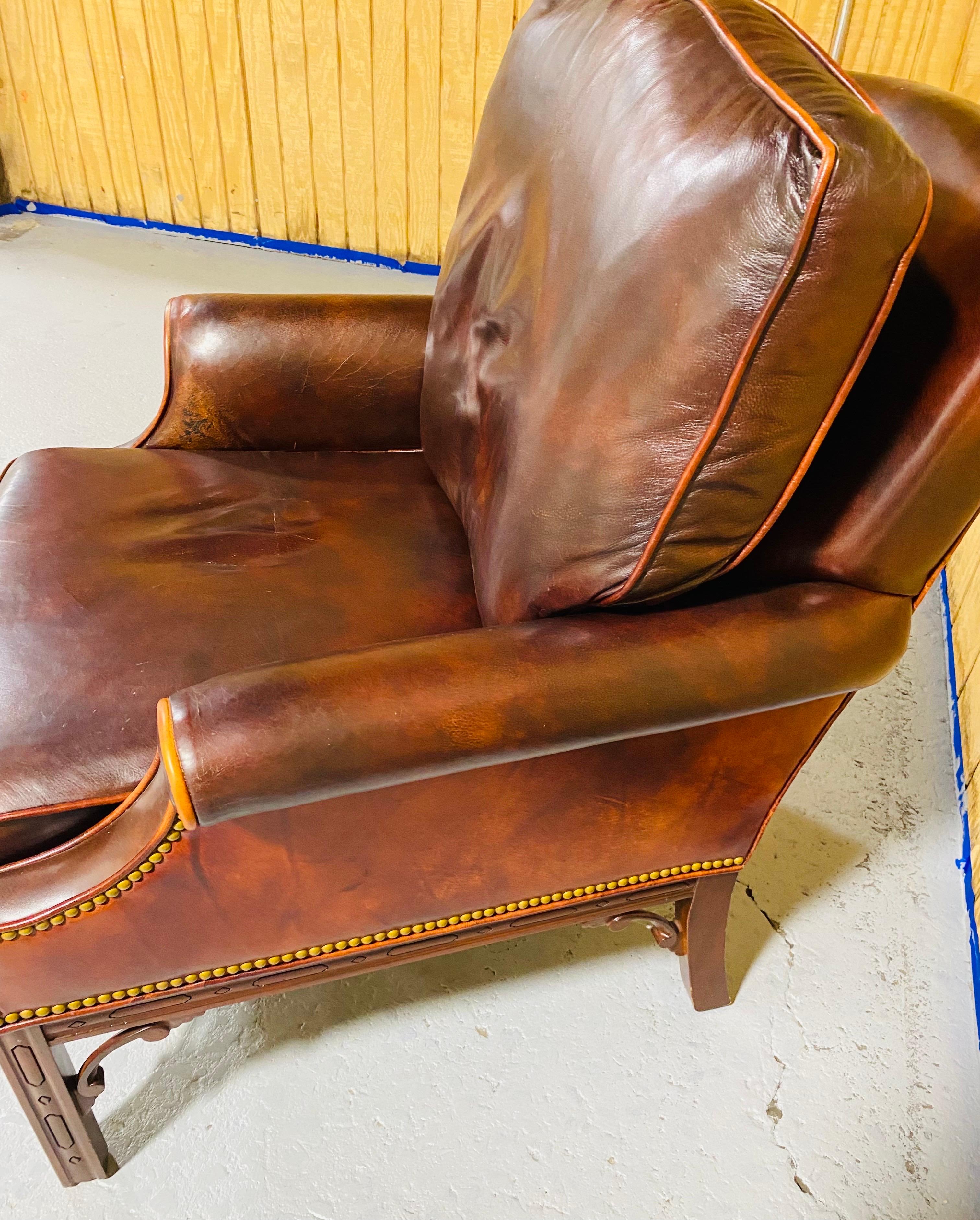 Leather Vintage weathered dark brown leather classical style club chair For Sale