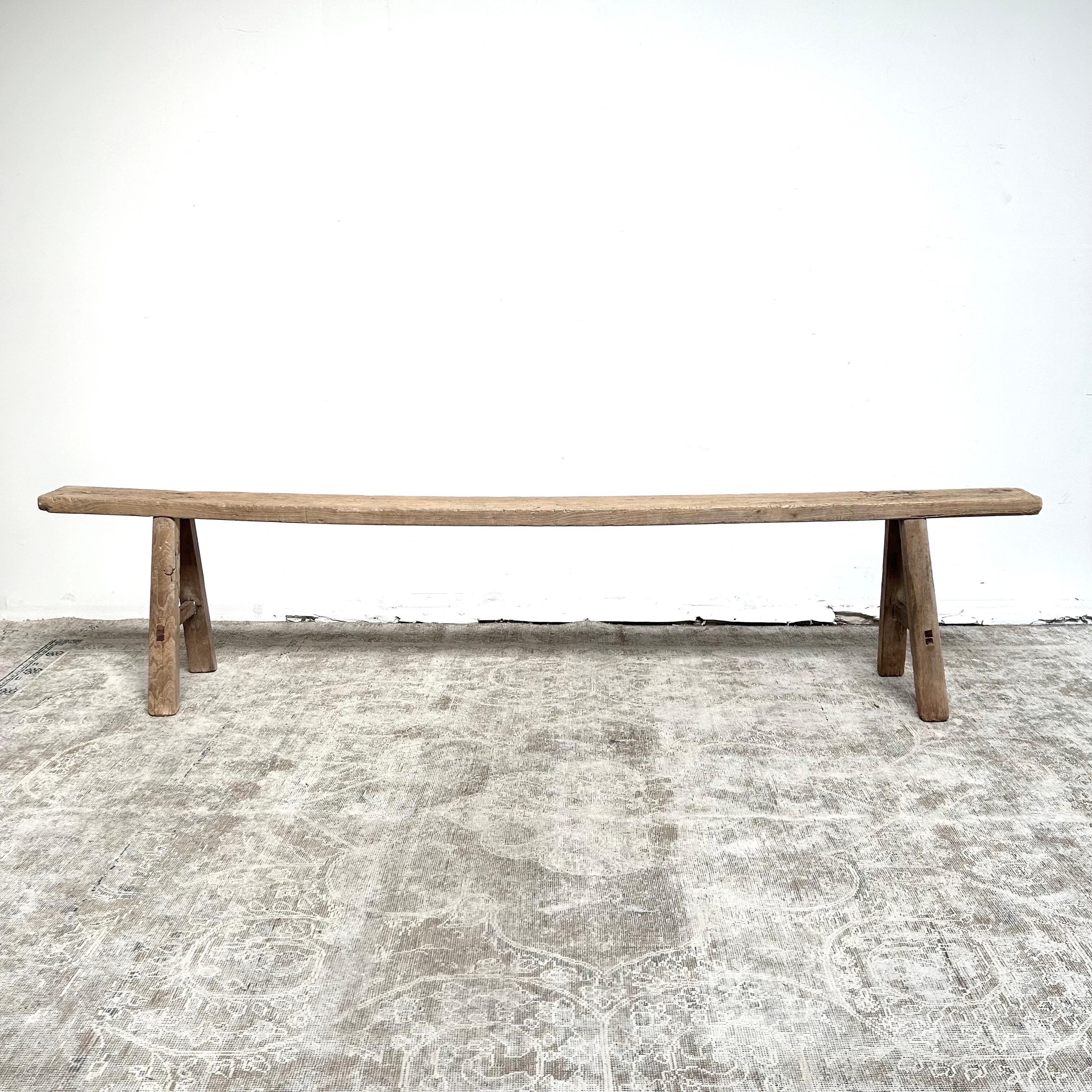 Vintage Weathered Patina Elm Wood Skinny Bench In Good Condition In Brea, CA