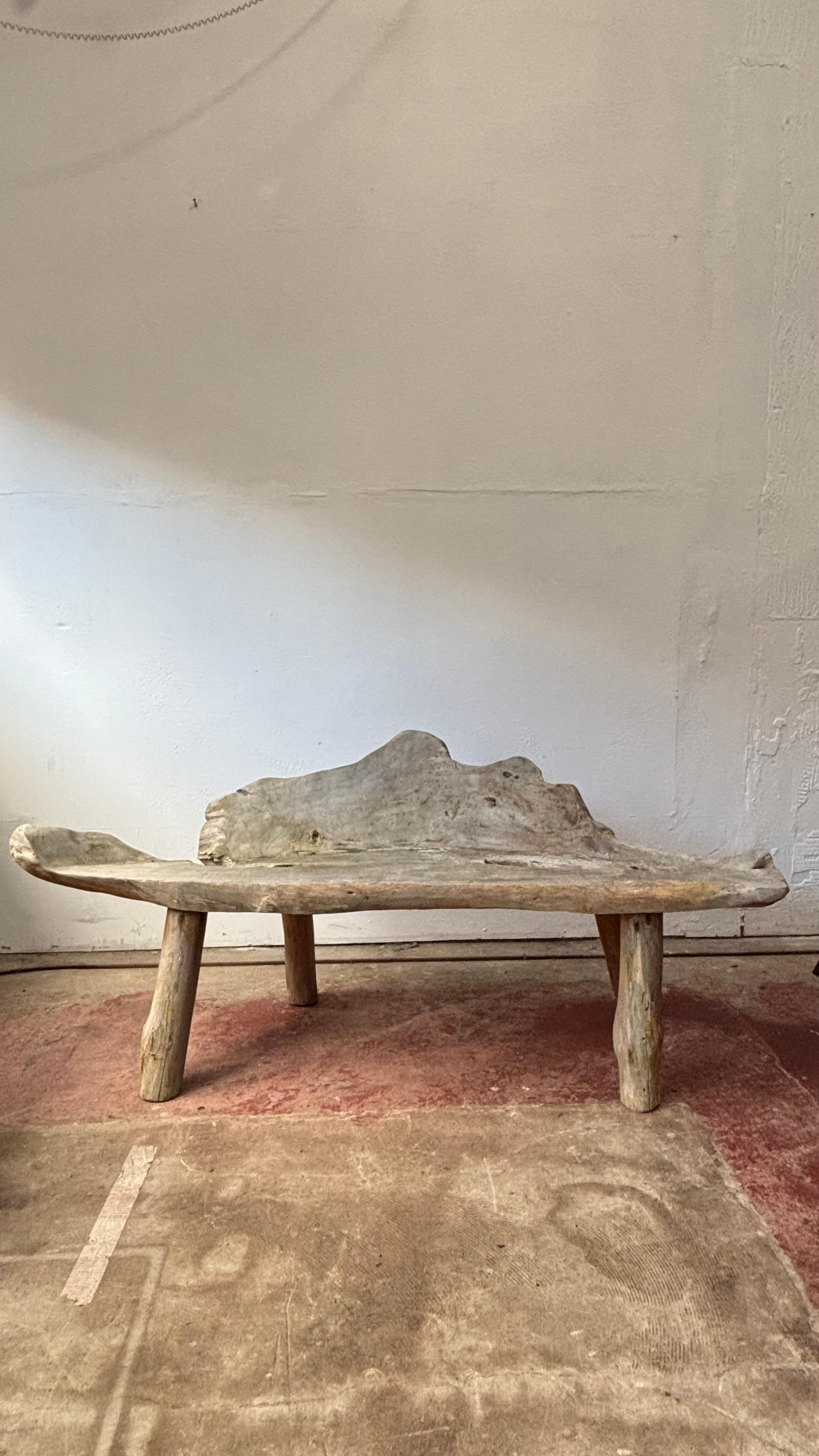 South Asian Vintage Weathered Teak Root Bench, Organic Live Edge Seat