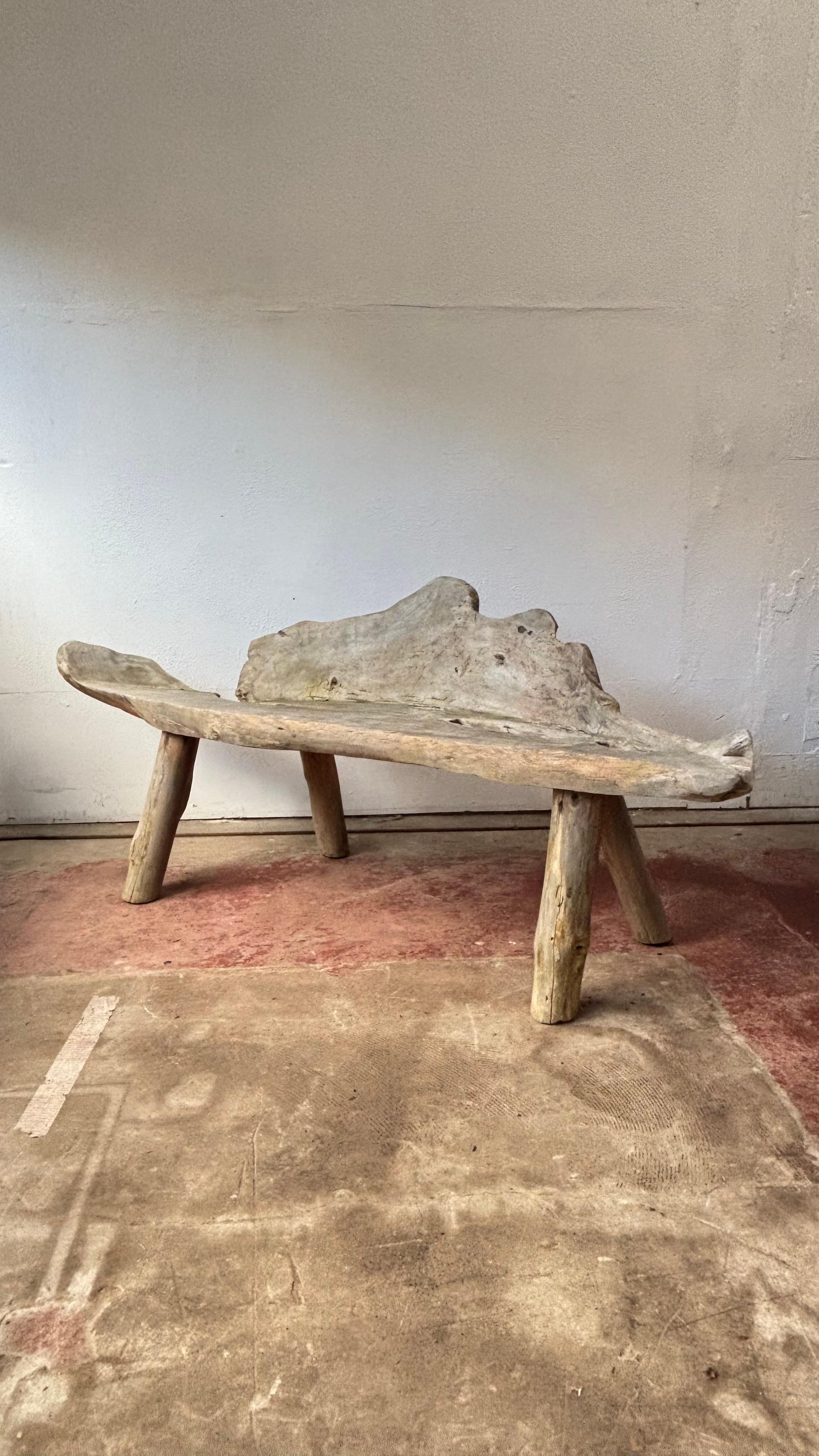 20th Century Vintage Weathered Teak Root Bench, Organic Live Edge Seat
