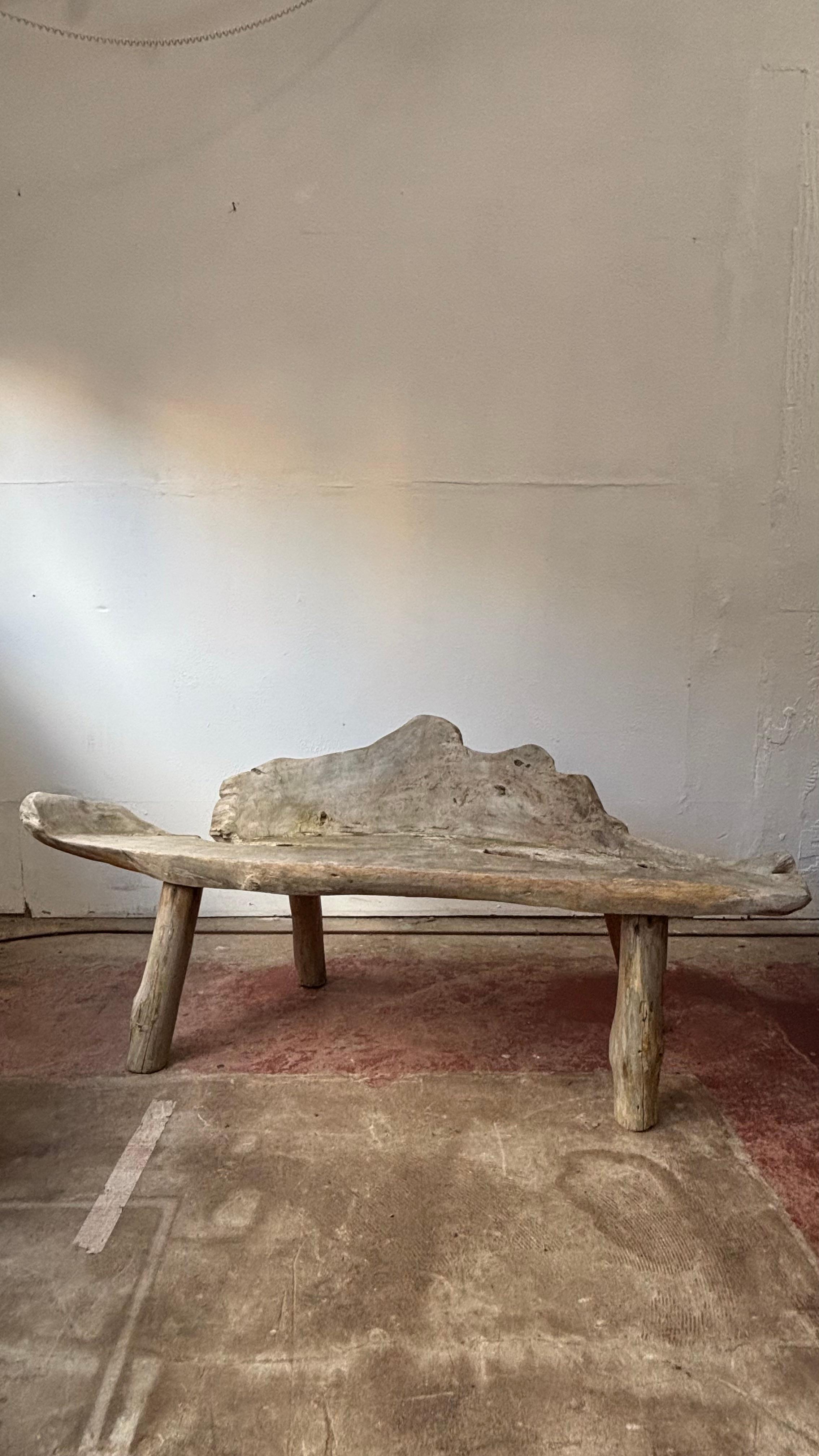 Vintage Weathered Teak Root Bench, Organic Live Edge Seat 1