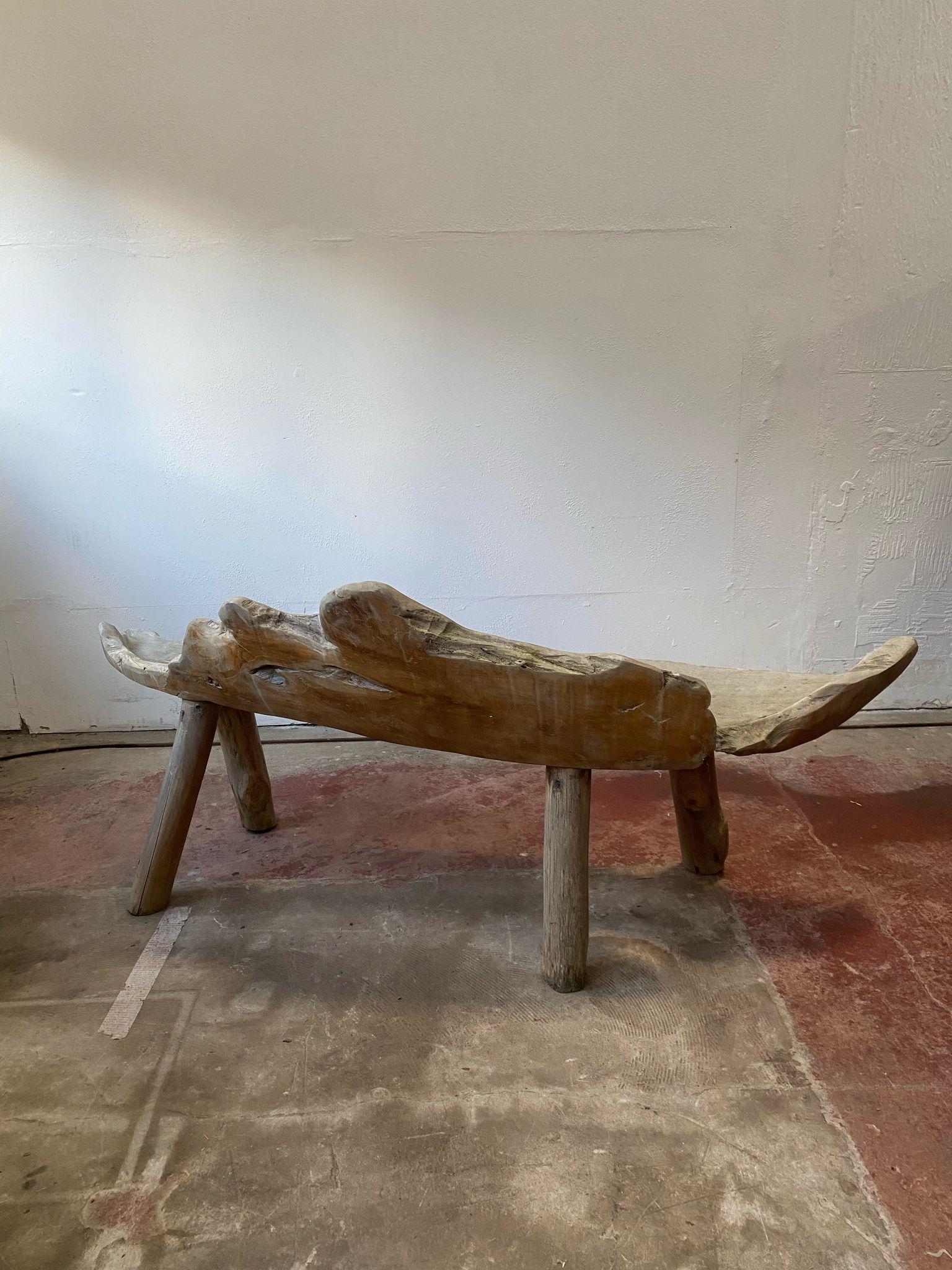 Vintage Weathered Teak Root Bench, Organic Live Edge Seat 2
