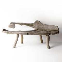 Banc de jardin vintage en racine de teck vieilli, forme organique primitive, milieu du 20e siècle