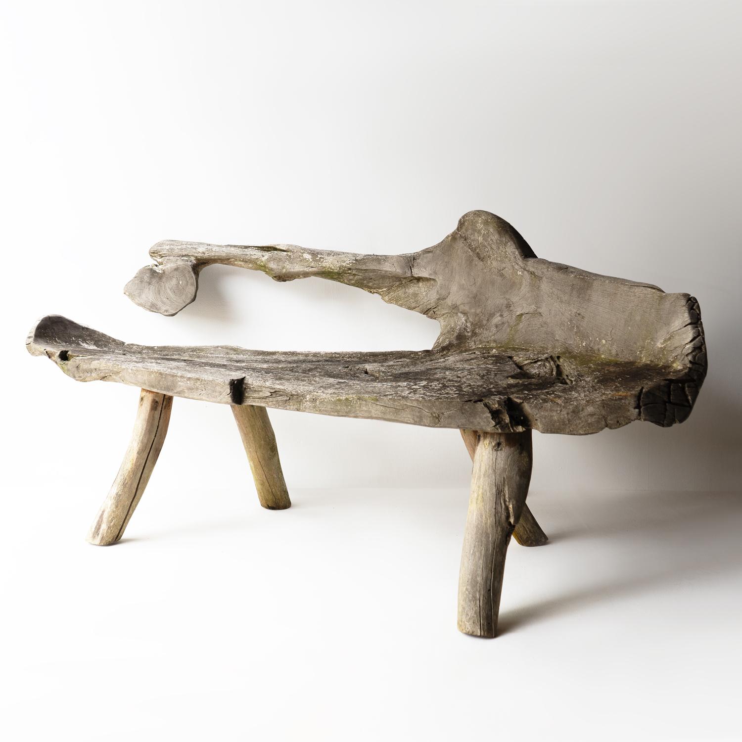 Rustic Vintage Weathered Teak Root Garden Bench, Primitive Organic Form, Mid 20th C.