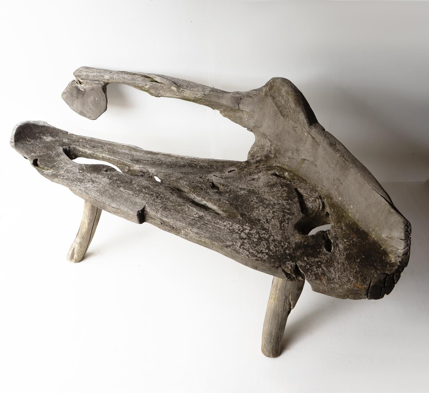 European Vintage Weathered Teak Root Garden Bench, Primitive Organic Form, Mid 20th C.